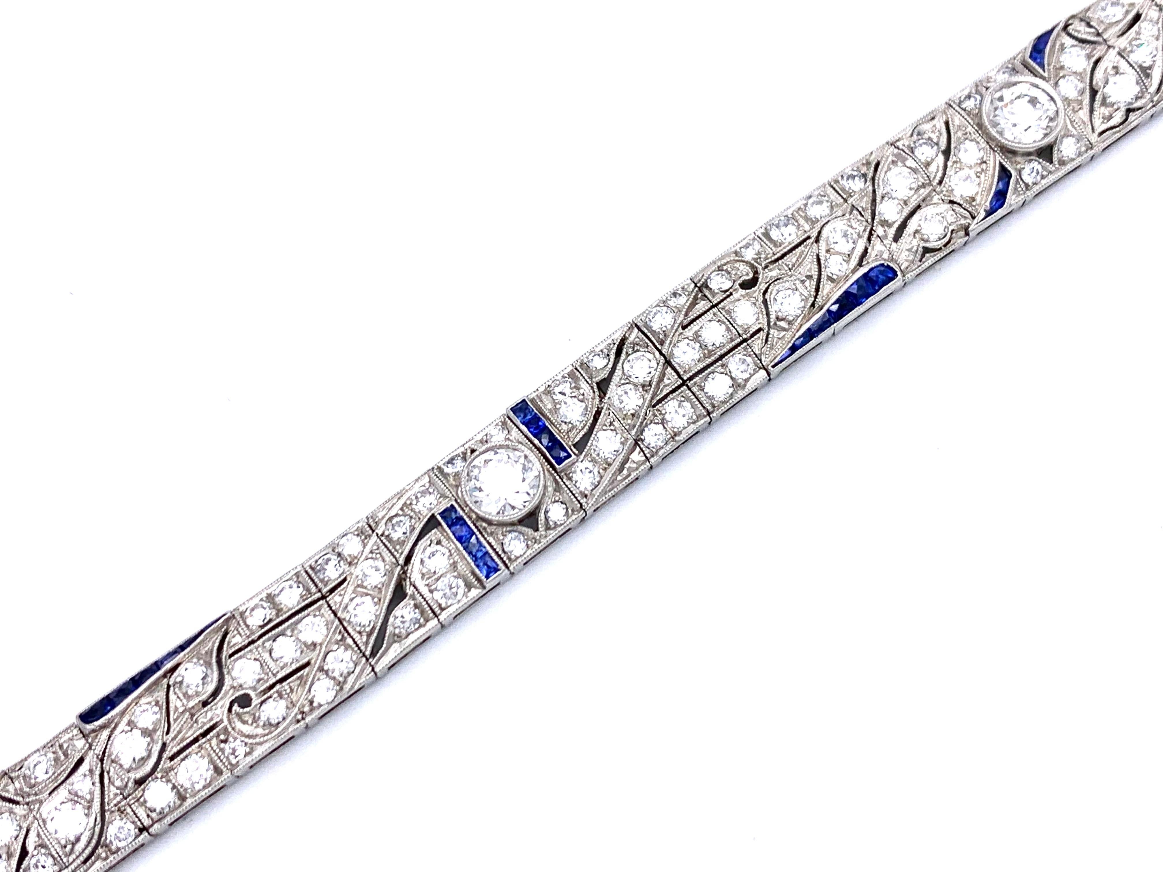 Antique Art Deco PLatinum Brilliant Cut Diamond Sapphire Link Bracelet In Good Condition In Munich, Bavaria