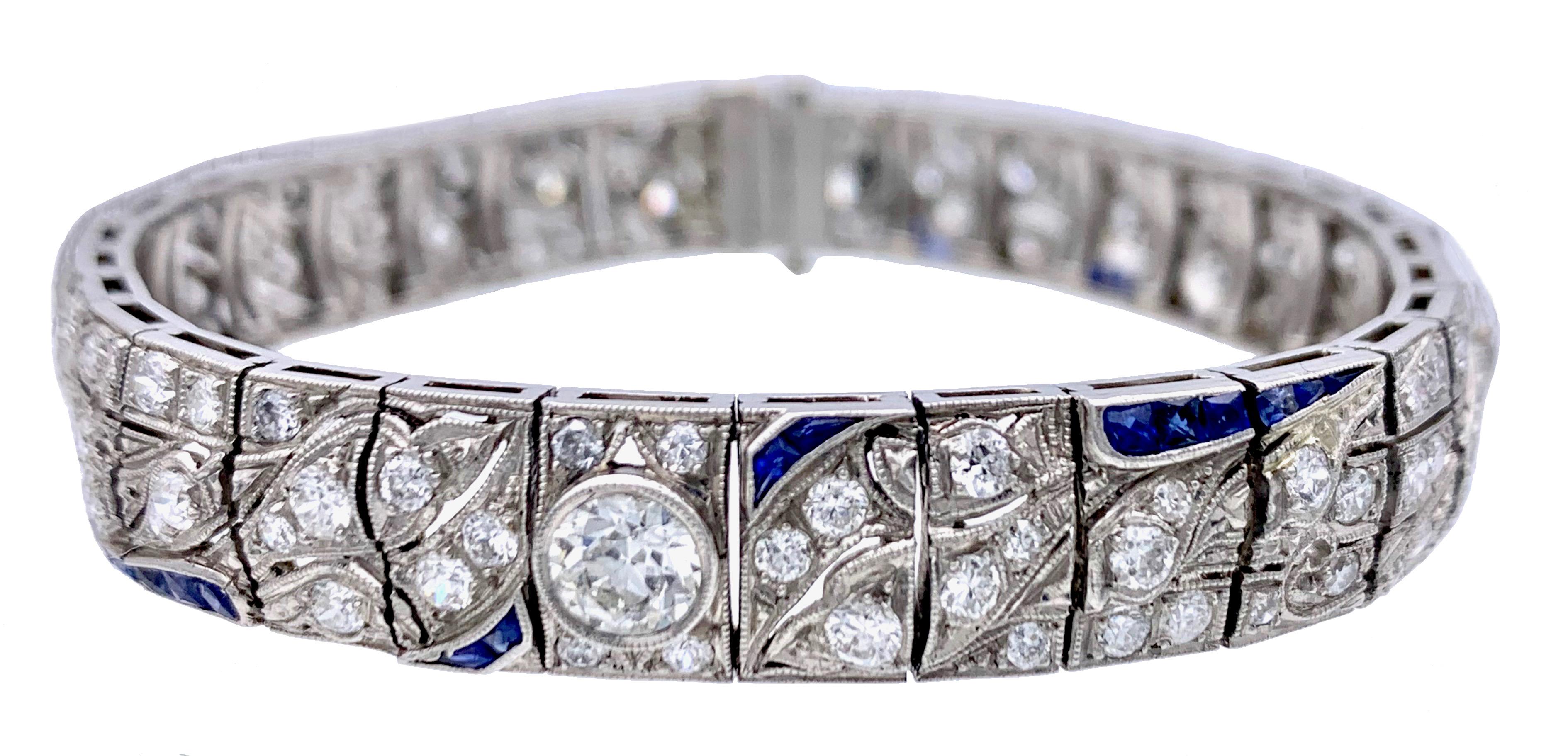 Antique Art Deco PLatinum Brilliant Cut Diamond Sapphire Link Bracelet 1