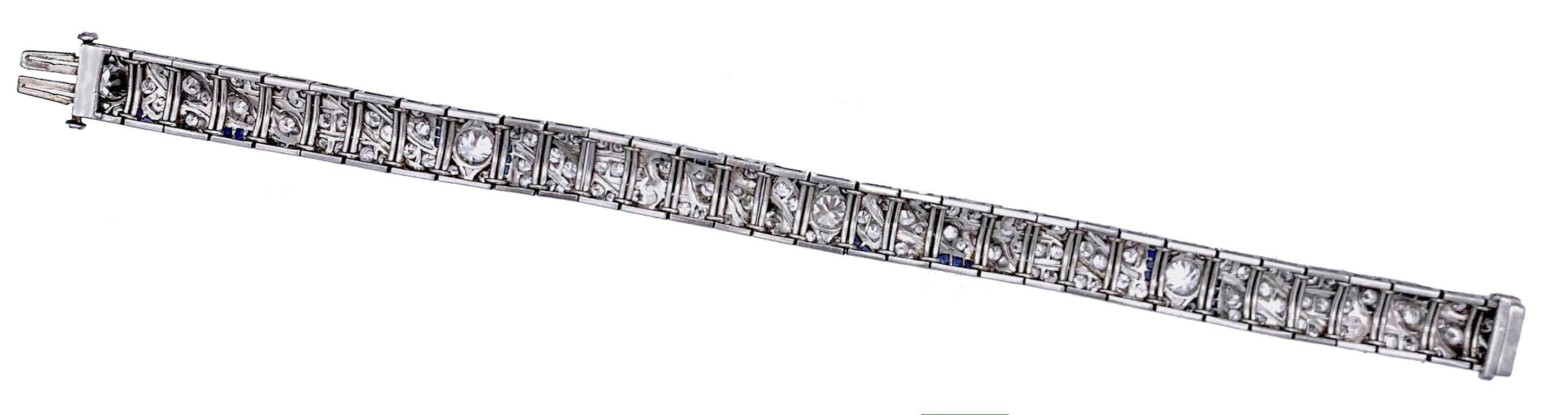 Antique Art Deco PLatinum Brilliant Cut Diamond Sapphire Link Bracelet 2