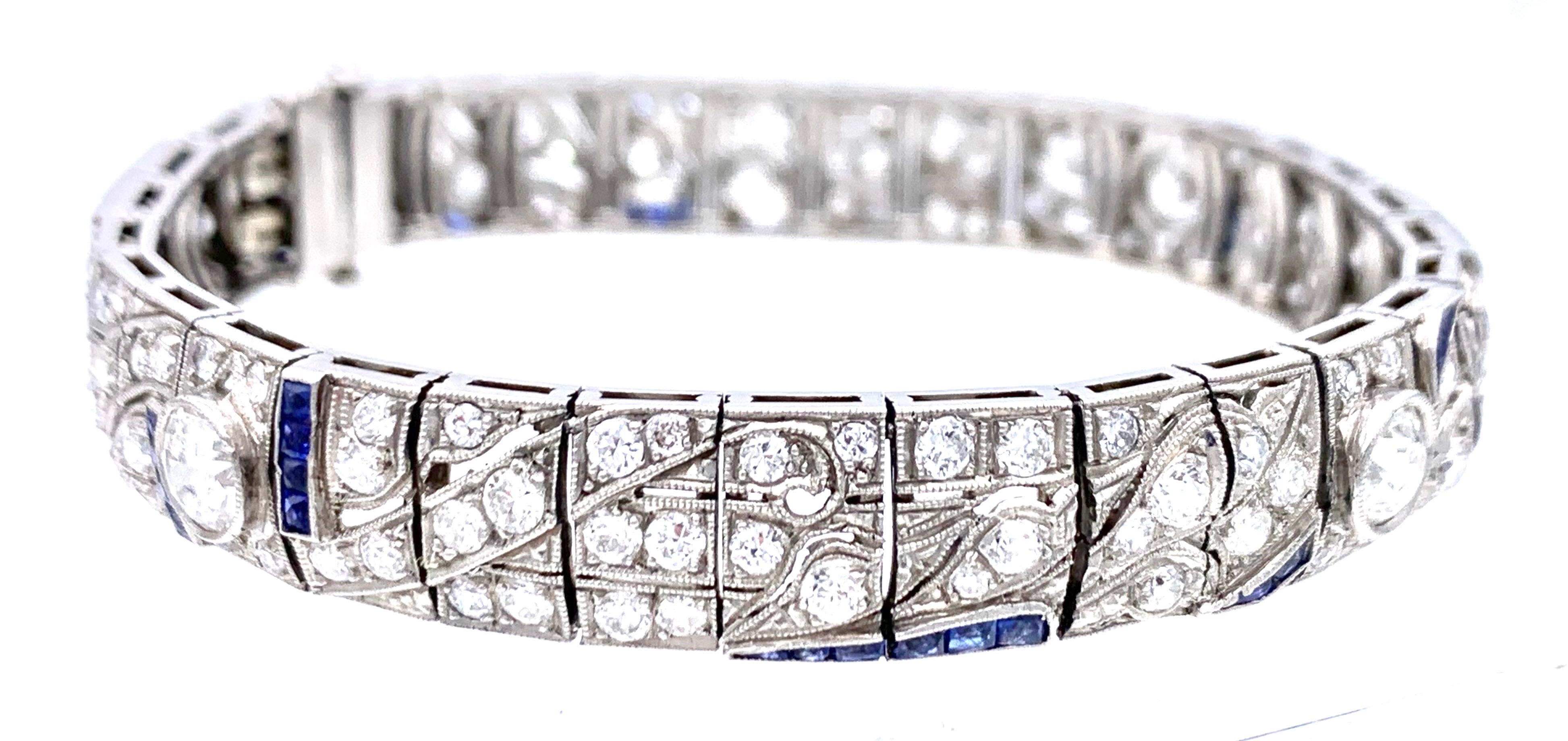 Antique Art Deco PLatinum Brilliant Cut Diamond Sapphire Link Bracelet 5