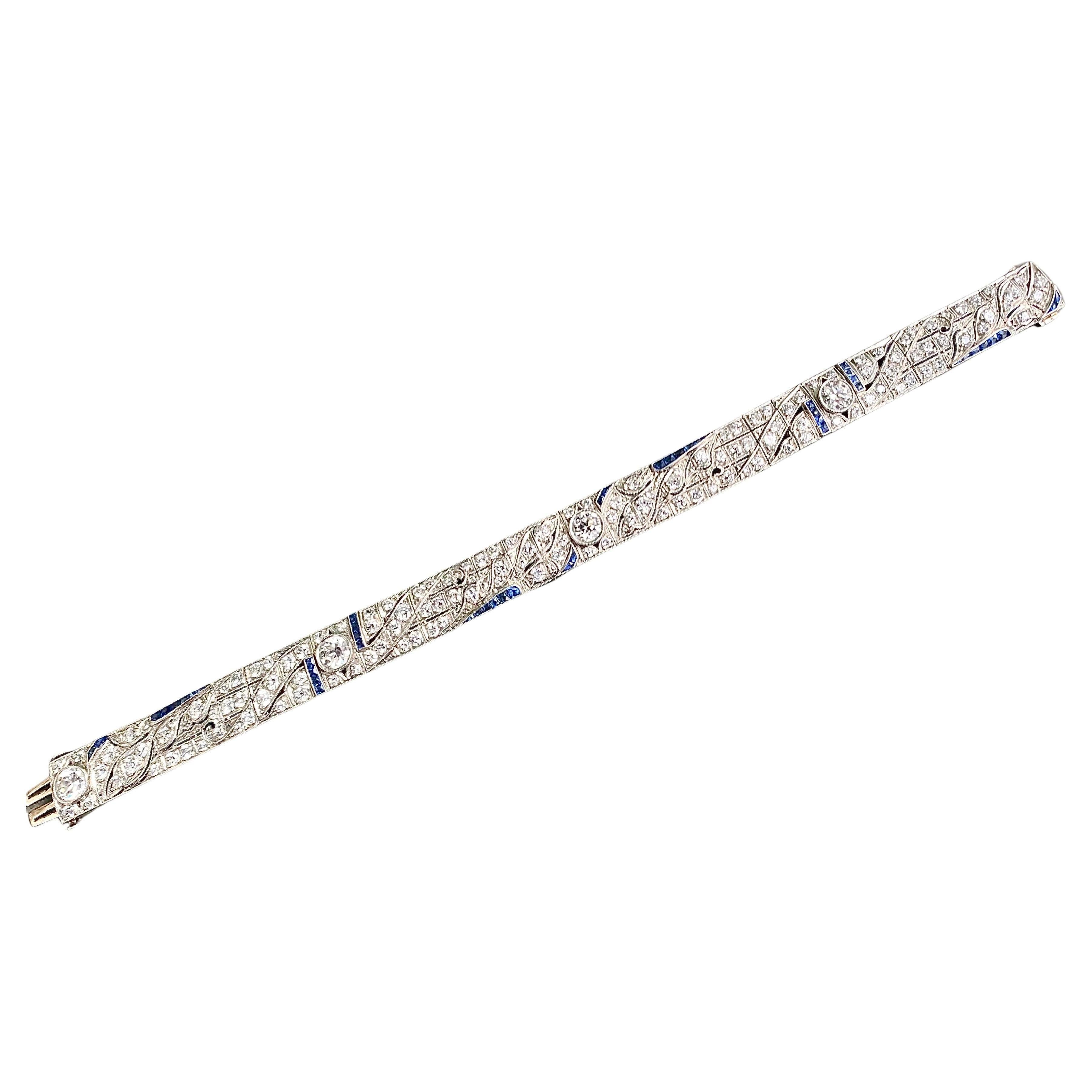 Antique Art Deco PLatinum Brilliant Cut Diamond Sapphire Link Bracelet