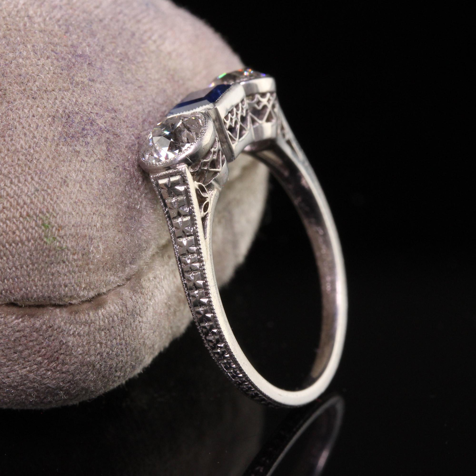 Old European Cut Antique Art Deco Platinum Burma No Heat Sapphire Diamond Three Stone Ring, GIA For Sale