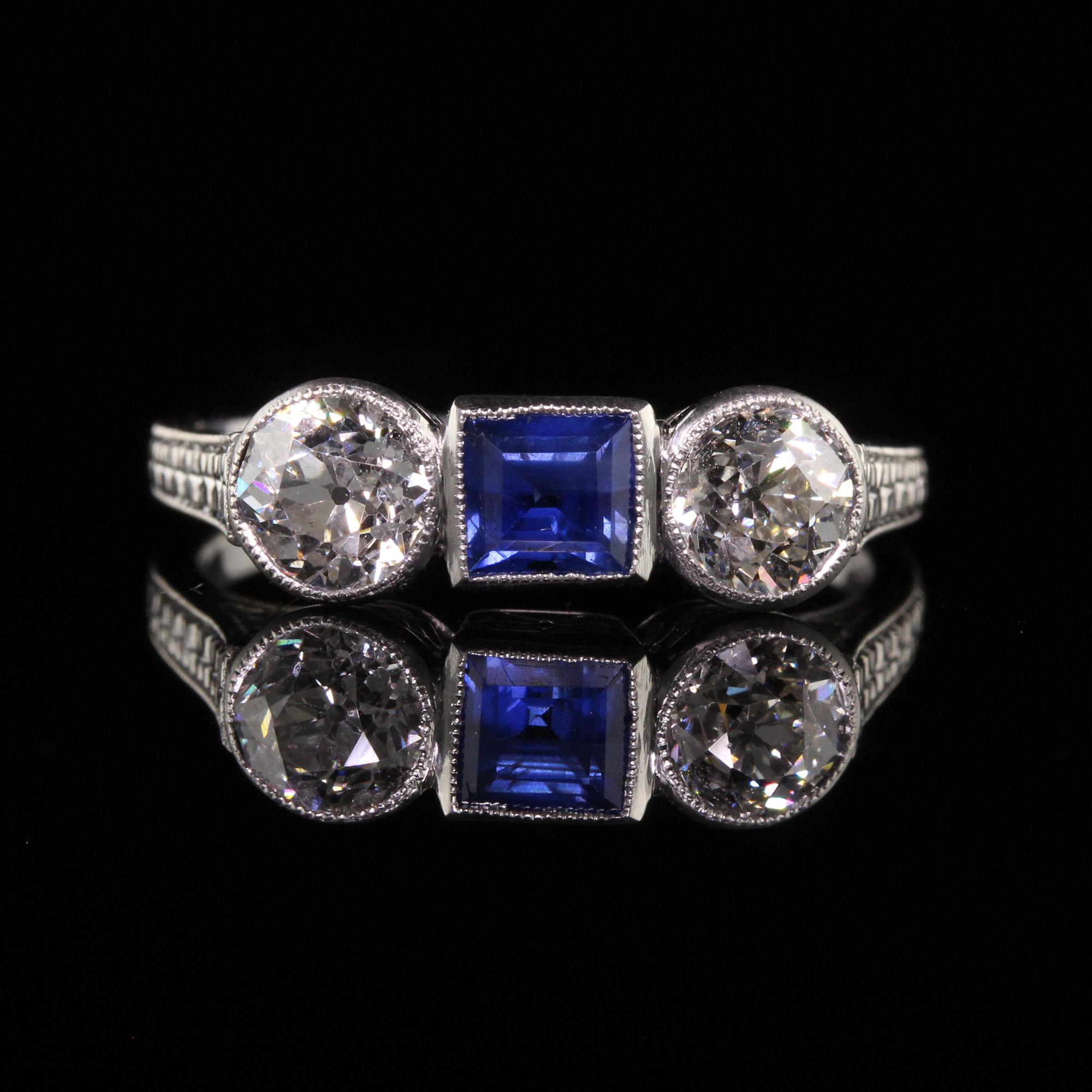 Women's Antique Art Deco Platinum Burma No Heat Sapphire Diamond Three Stone Ring, GIA For Sale