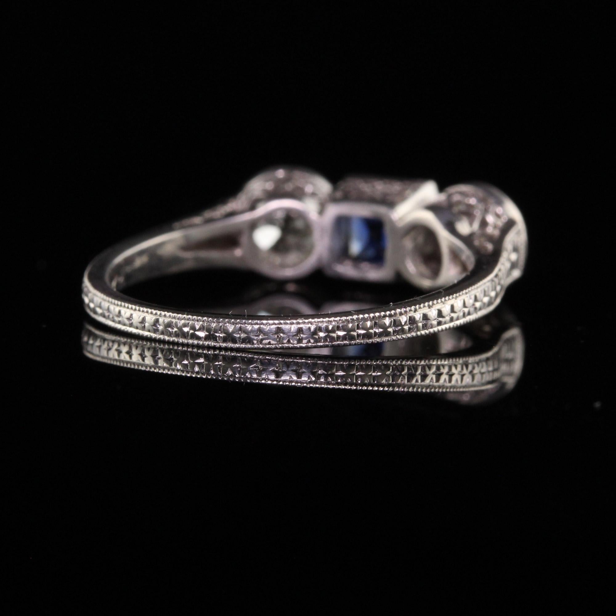 Antique Art Deco Platinum Burma No Heat Sapphire Diamond Three Stone Ring, GIA For Sale 1
