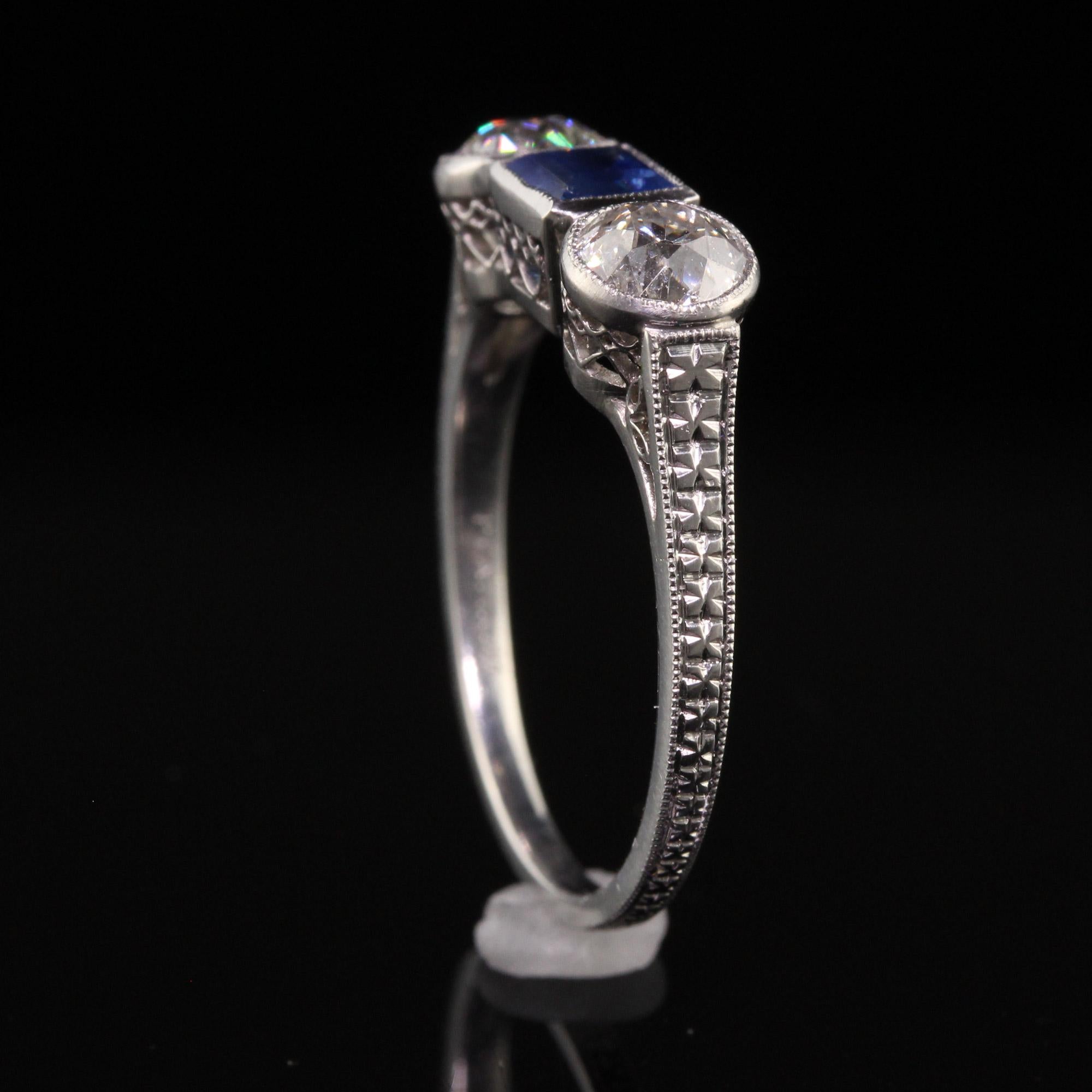 Antique Art Deco Platinum Burma No Heat Sapphire Diamond Three Stone Ring, GIA For Sale 2