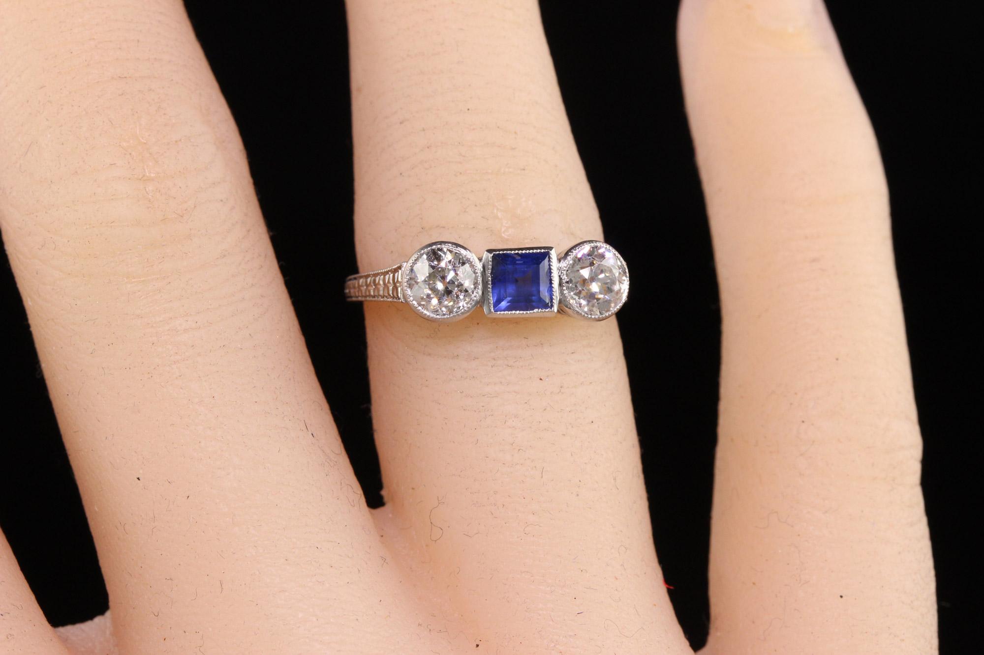 Antique Art Deco Platinum Burma No Heat Sapphire Diamond Three Stone Ring, GIA For Sale 3