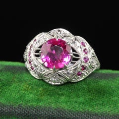 Antique Art Deco Platinum Burma Pink Sapphire and Diamond Filigree Engagement Ri