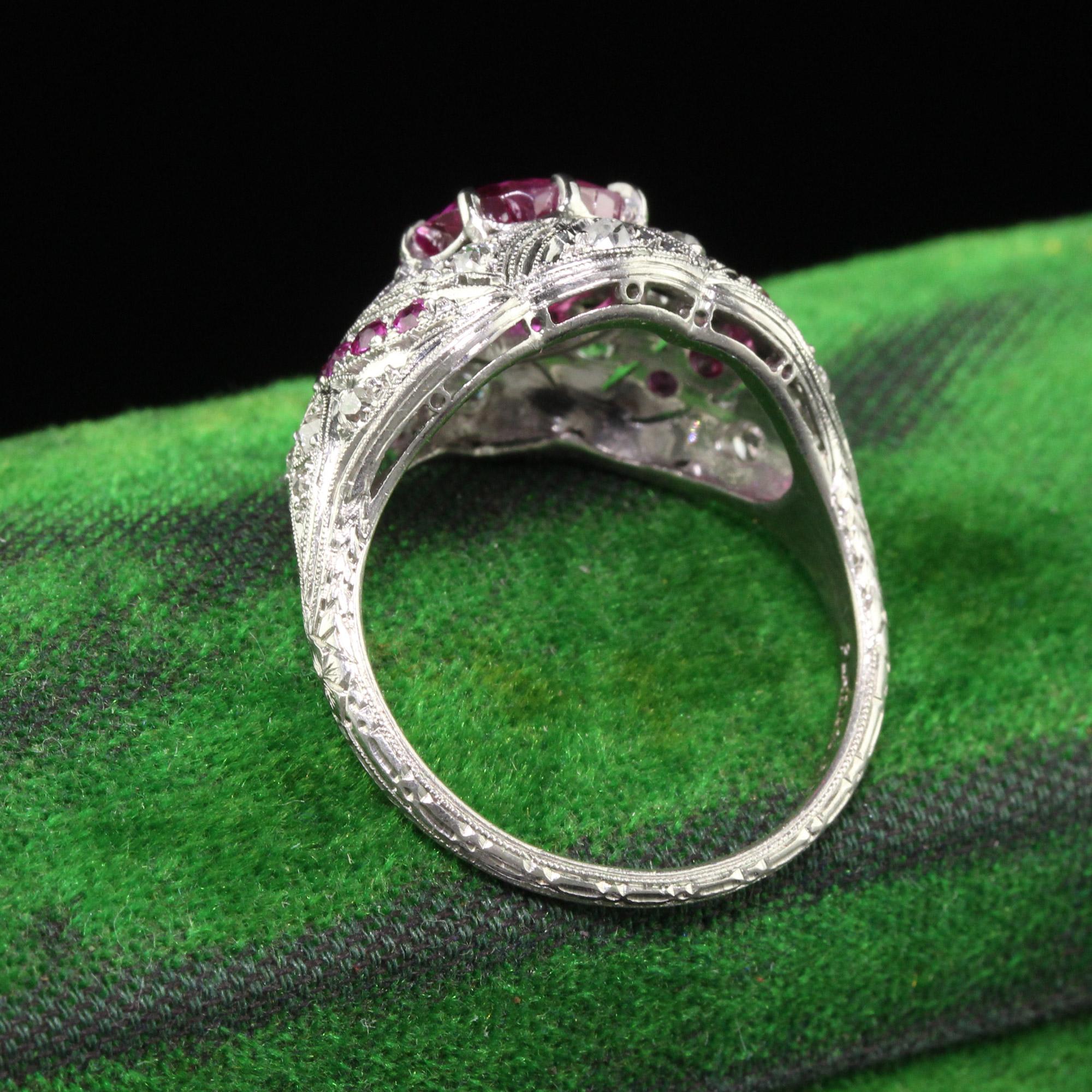 Antique Art Deco Platinum Burma Pink Sapphire and Diamond Filigree Engagement Ri In Good Condition For Sale In Great Neck, NY