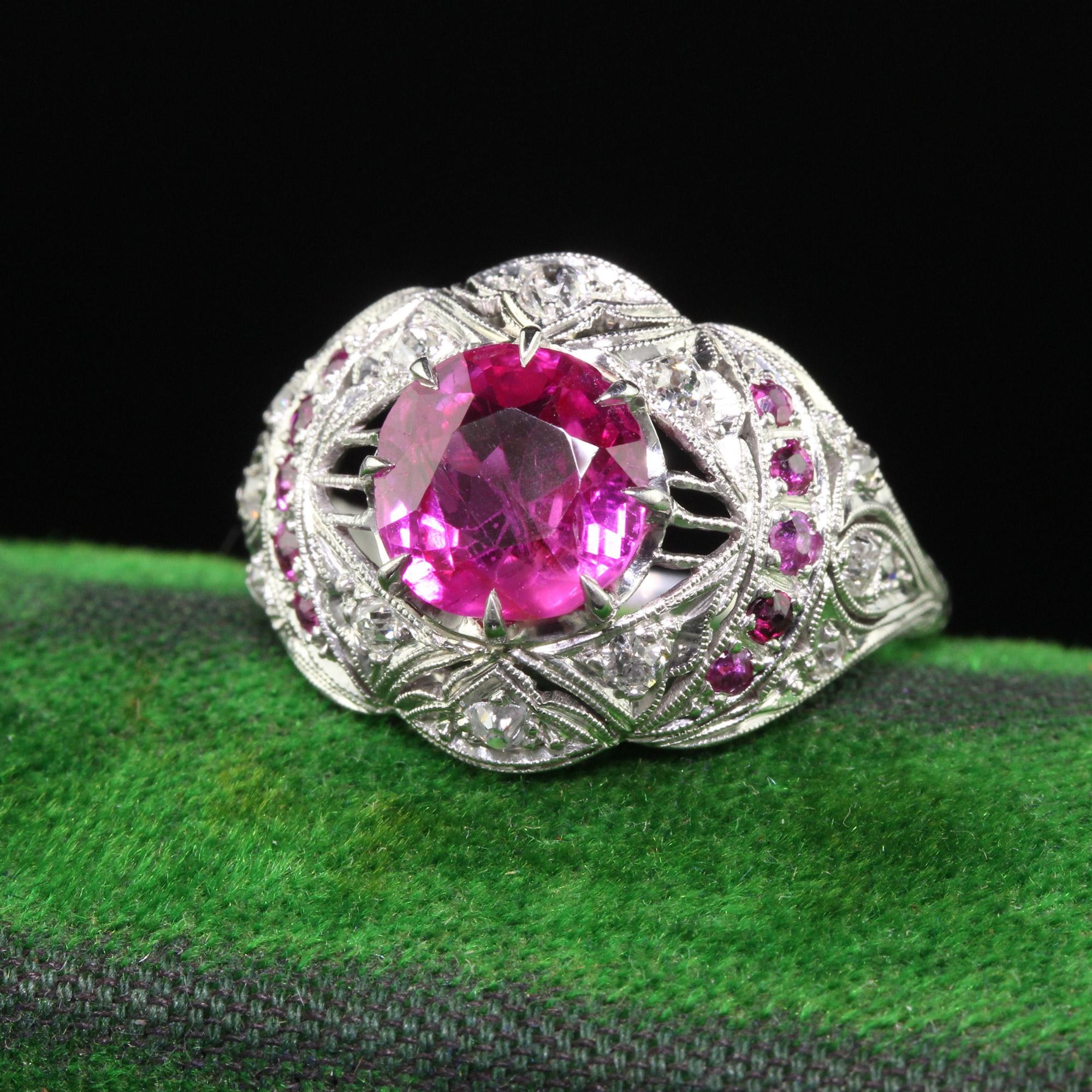 Women's Antique Art Deco Platinum Burma Pink Sapphire and Diamond Filigree Engagement Ri For Sale