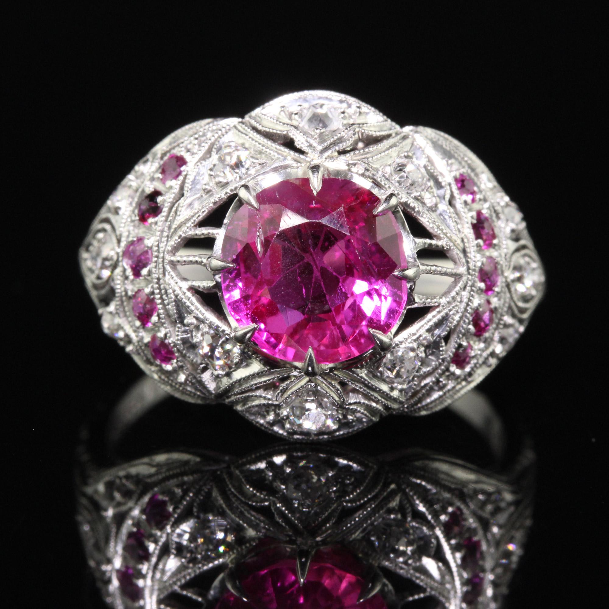 Antique Art Deco Platinum Burma Pink Sapphire and Diamond Filigree Engagement Ri For Sale 1
