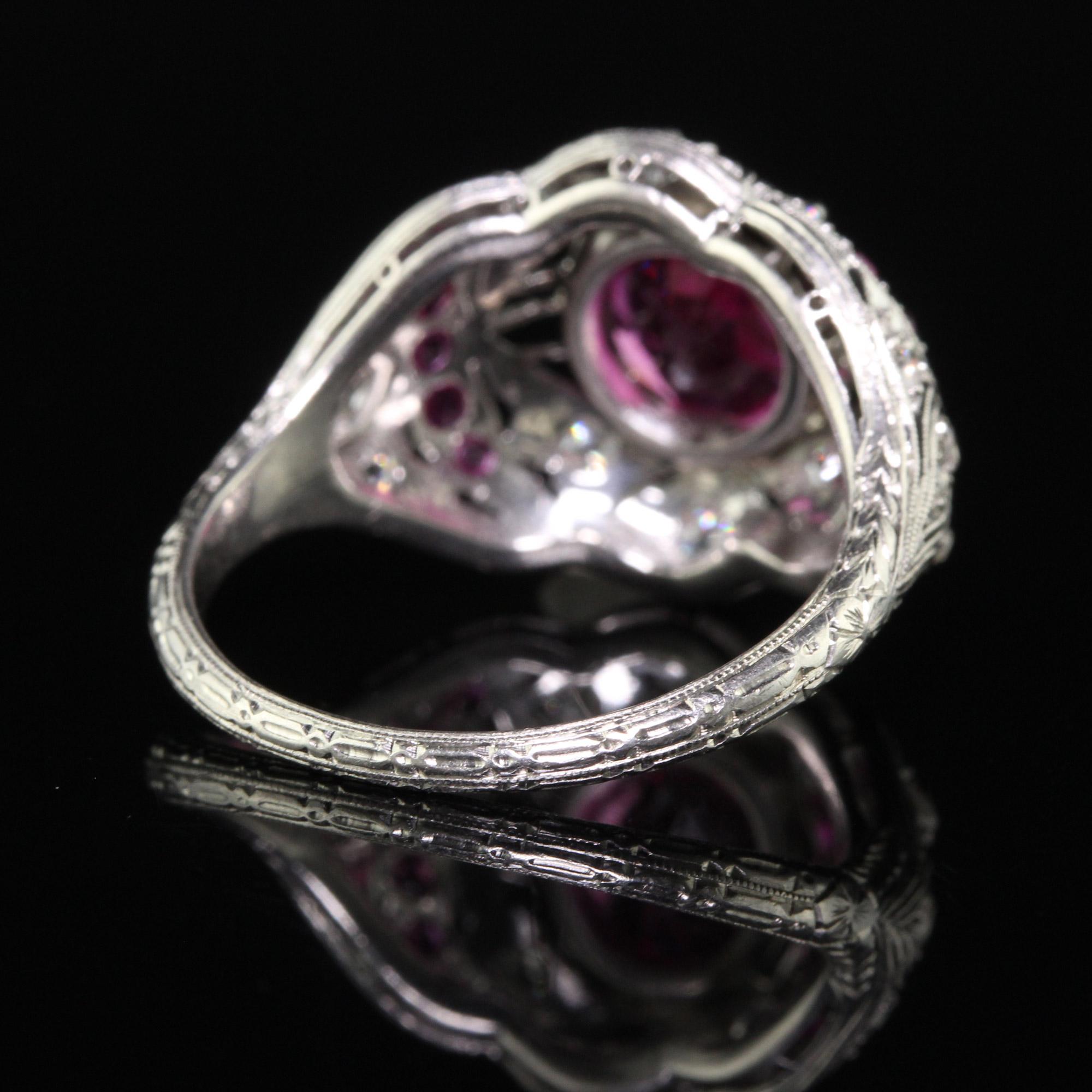 Antique Art Deco Platinum Burma Pink Sapphire and Diamond Filigree Engagement Ri For Sale 2