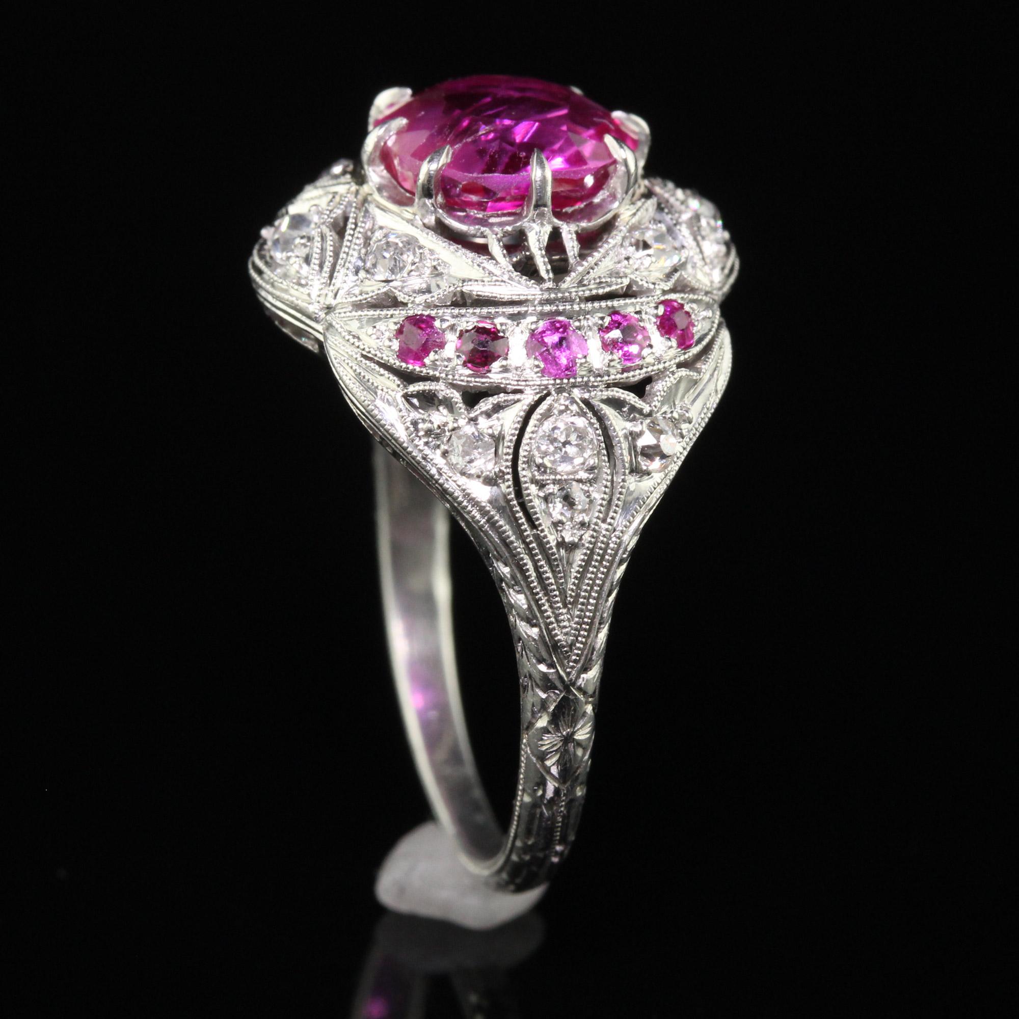 Antique Art Deco Platinum Burma Pink Sapphire and Diamond Filigree Engagement Ri For Sale 3