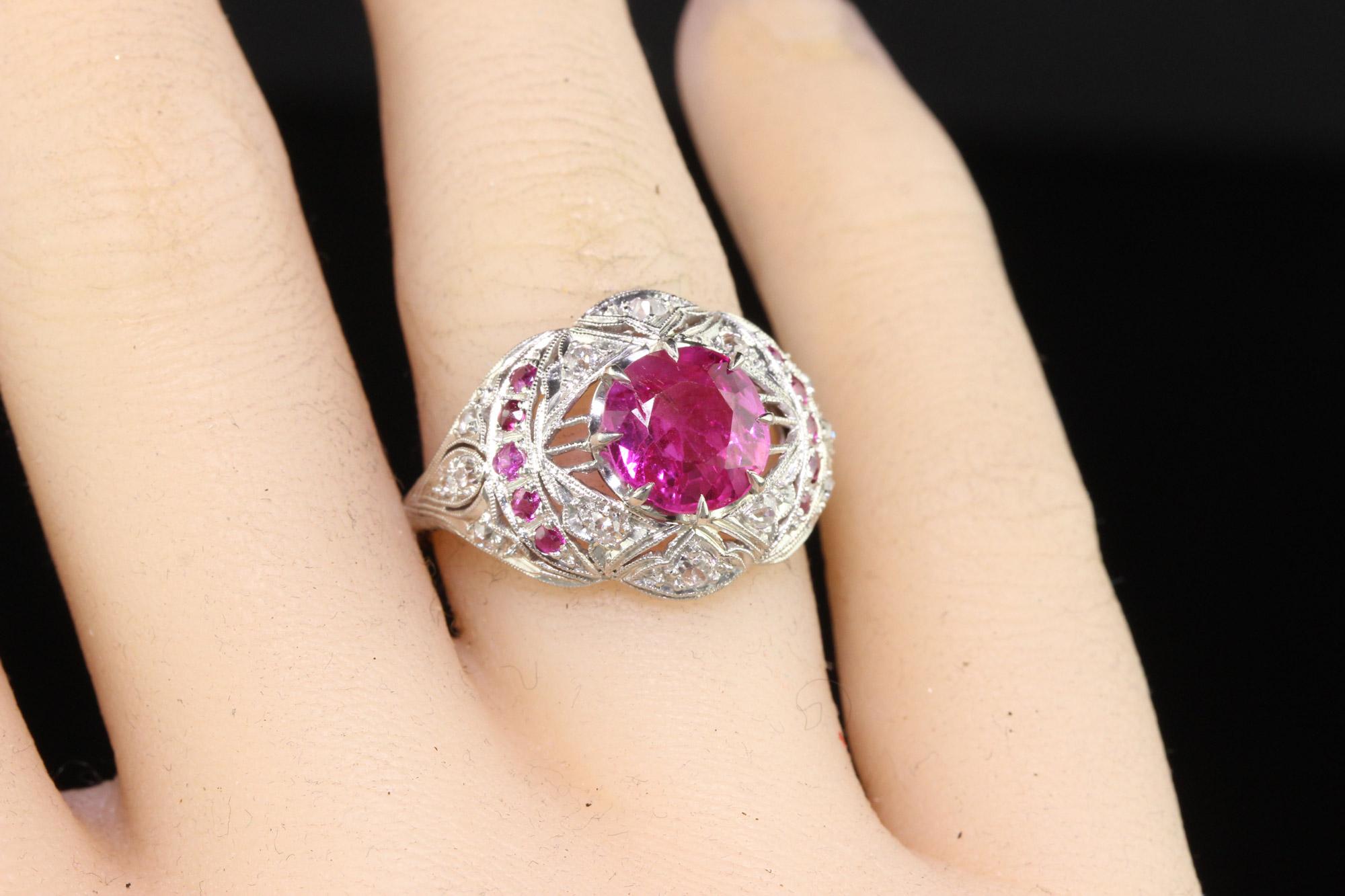 Antique Art Deco Platinum Burma Pink Sapphire and Diamond Filigree Engagement Ri For Sale 4