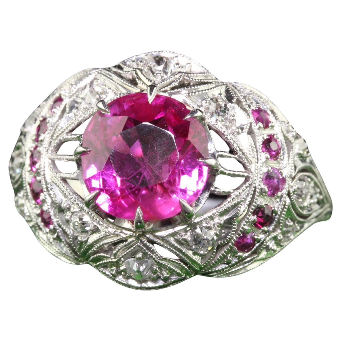 Antique Art Deco Platinum Burma Pink Sapphire and Diamond Filigree Engagement Ri For Sale