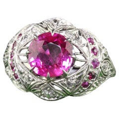Antique Art Deco Platinum Burma Pink Sapphire and Diamond Filigree Engagement Ri