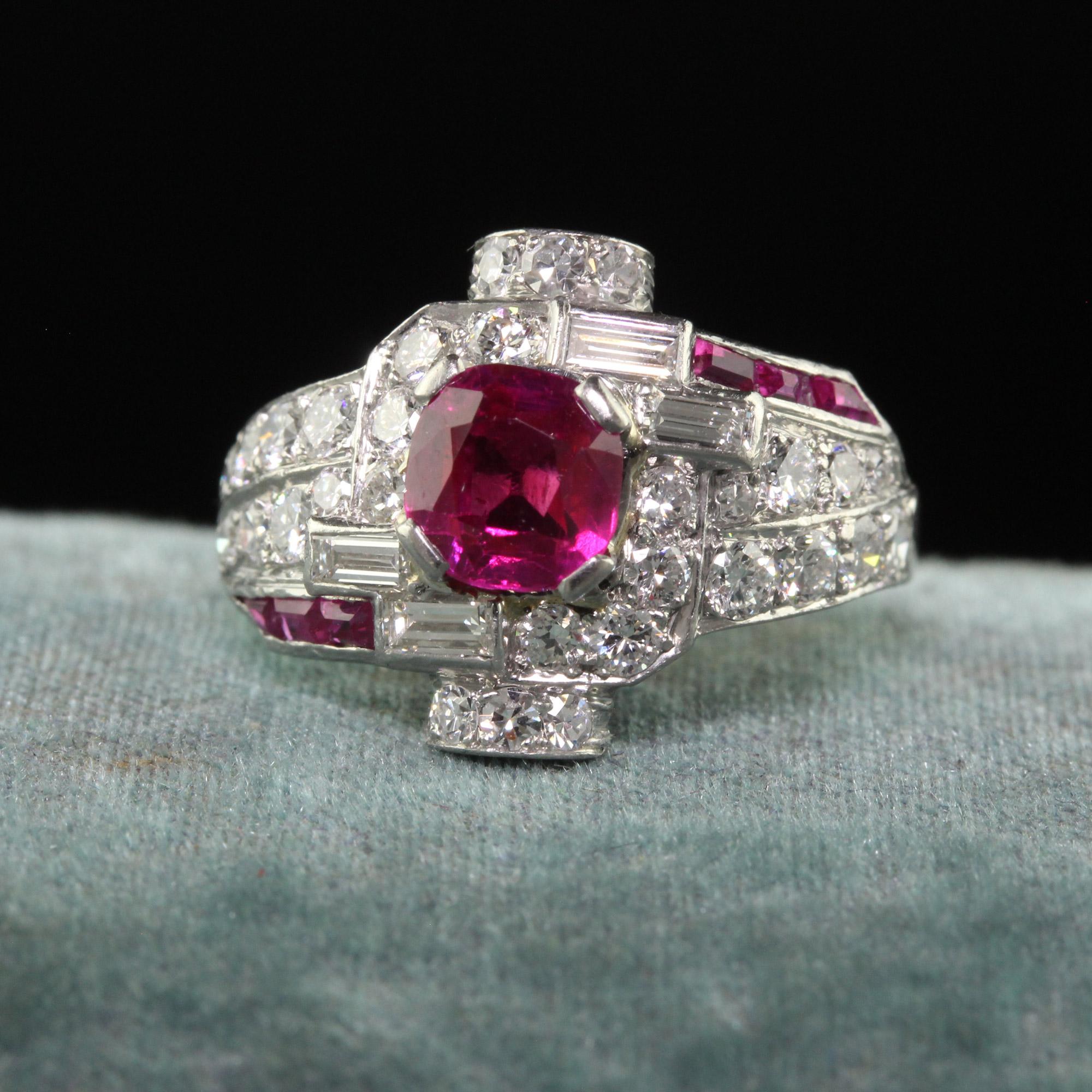 Beautiful Antique Art Deco Platinum Burma Ruby and Diamond Engagement Ring - GIA. This incredible Art Deco engagement ring is crafted in platinum. This gorgeous ring features a natural Burmese ruby and comes with a GIA report. The color of the ruby