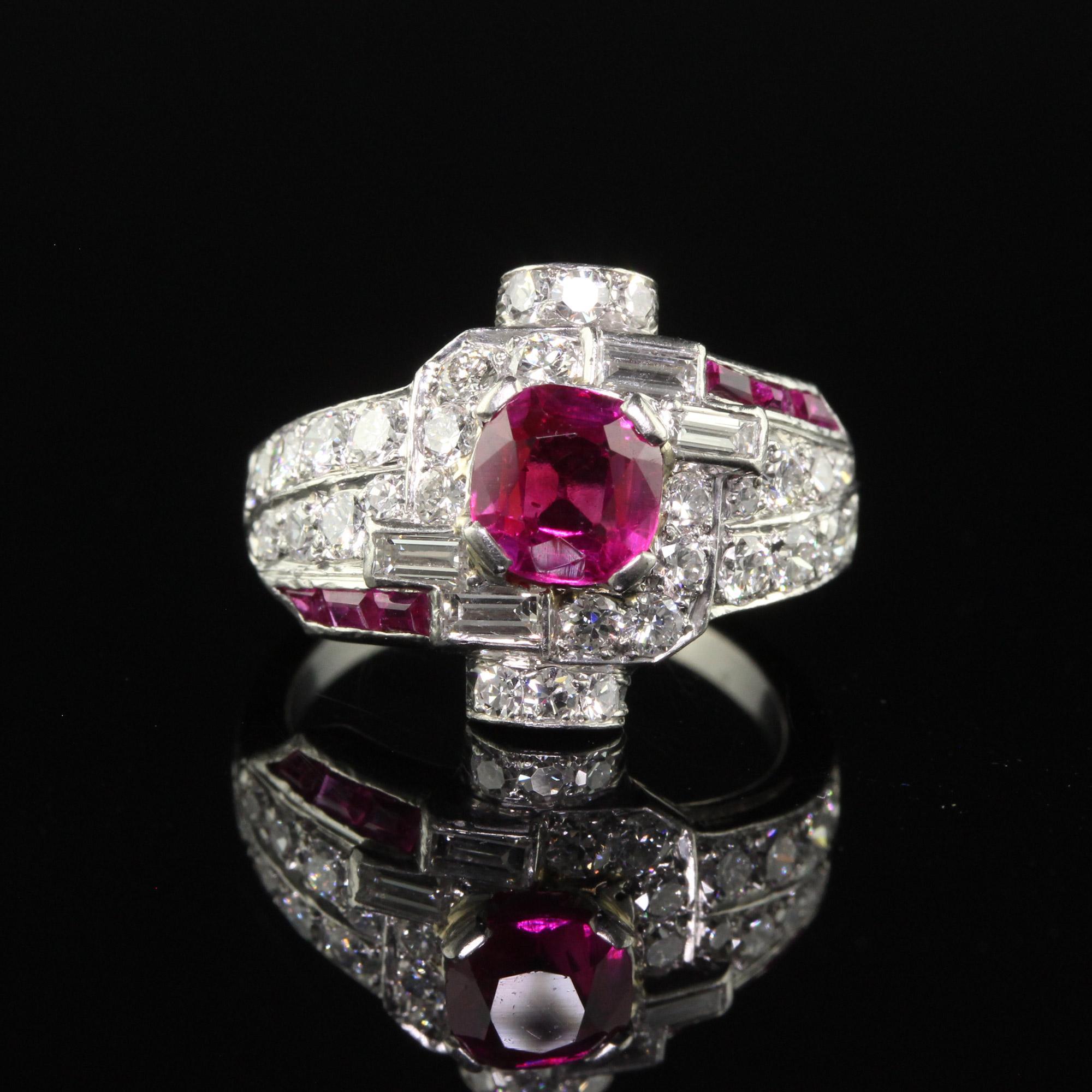 Late Art Deco Platinum Burma Ruby and Diamond Engagement Ring - GIA For Sale 1