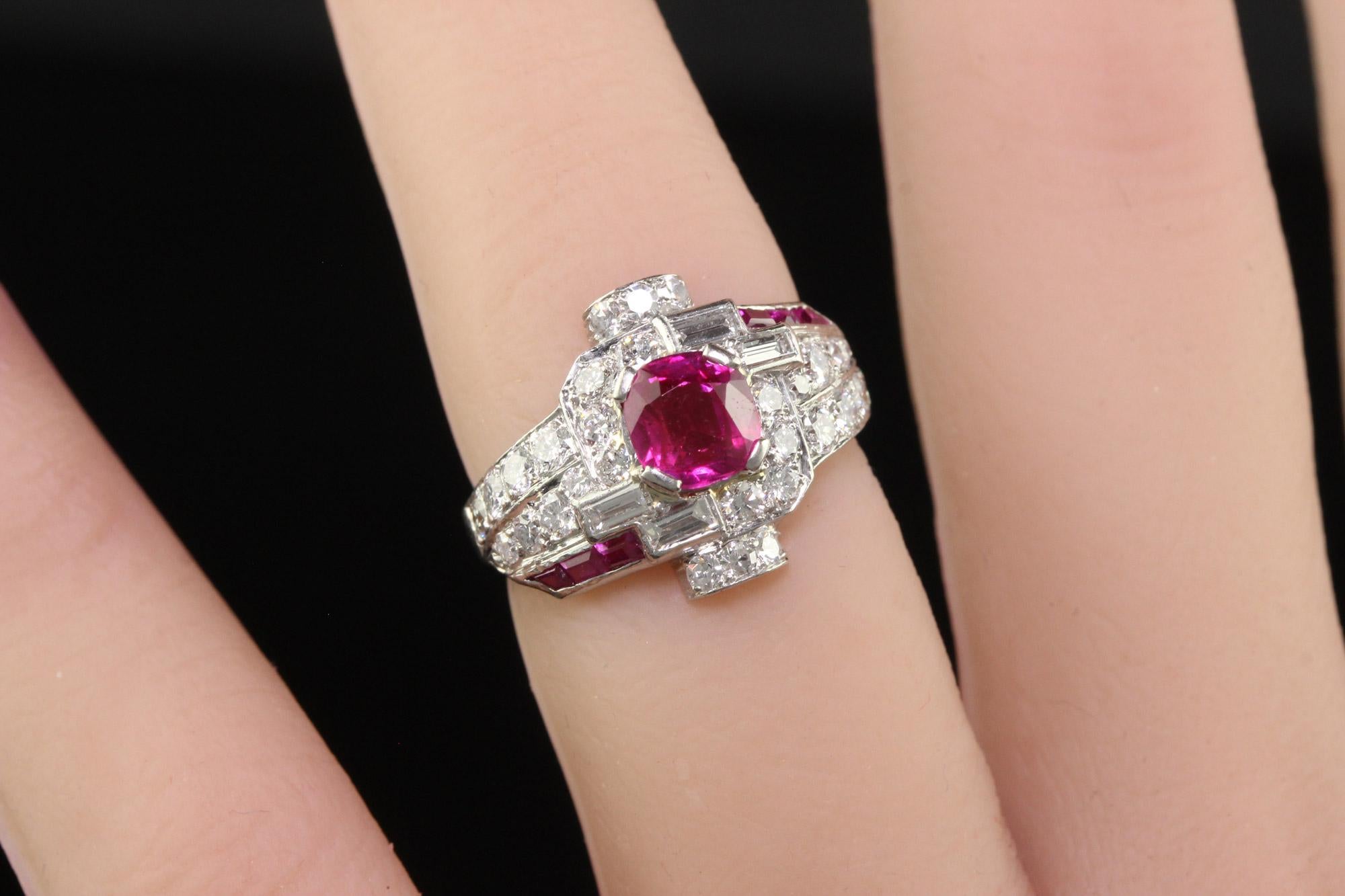 Late Art Deco Platinum Burma Ruby and Diamond Engagement Ring - GIA For Sale 4