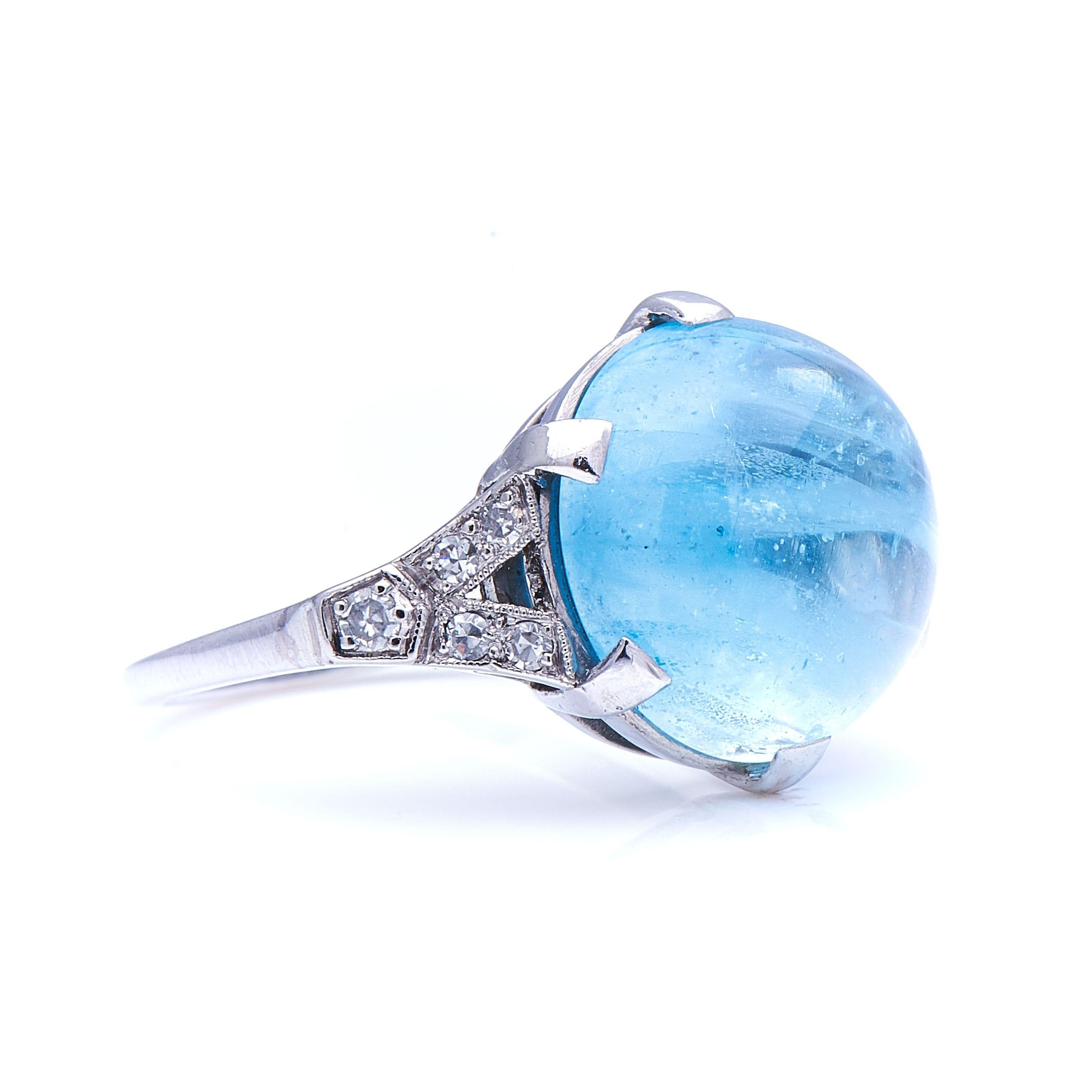 Aquamarine and diamond ring, first half 20th century. Aquamarine is a pale blue variety of the mineral beryl. Its colour has given its an historic association with water, and sailors considered it a lucky talisman at sea, ensuring calm waters on
