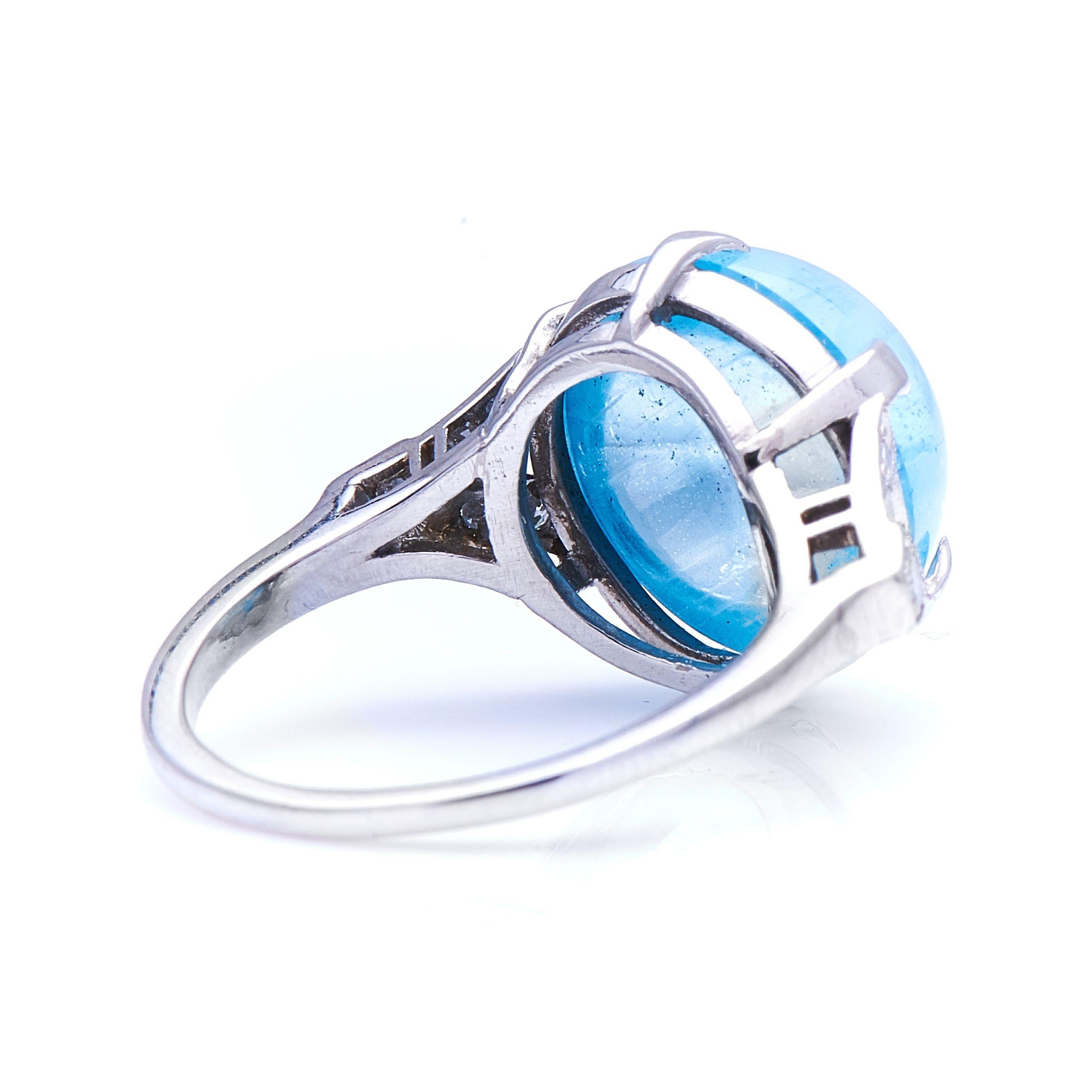 Women's Antique Art Deco, Platinum, Cabochon Aquamarine and Diamond Ring