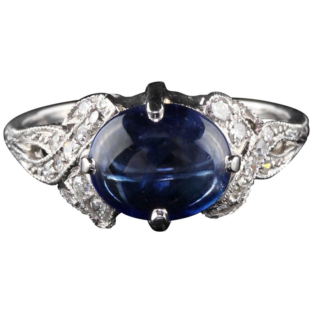 Antique Art Deco Platinum Cabochon Sapphire and Diamond Cocktail Ring