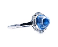 Antique, Art Deco, Platinum, Cabochon Sri Lankan Sapphire and Diamond Ring
