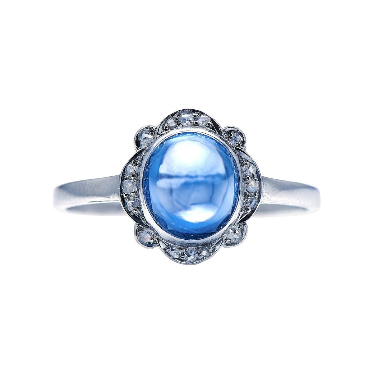 Antique, Art Deco, Platinum, Cabochon Sri Lankan Sapphire and Diamond Ring For Sale