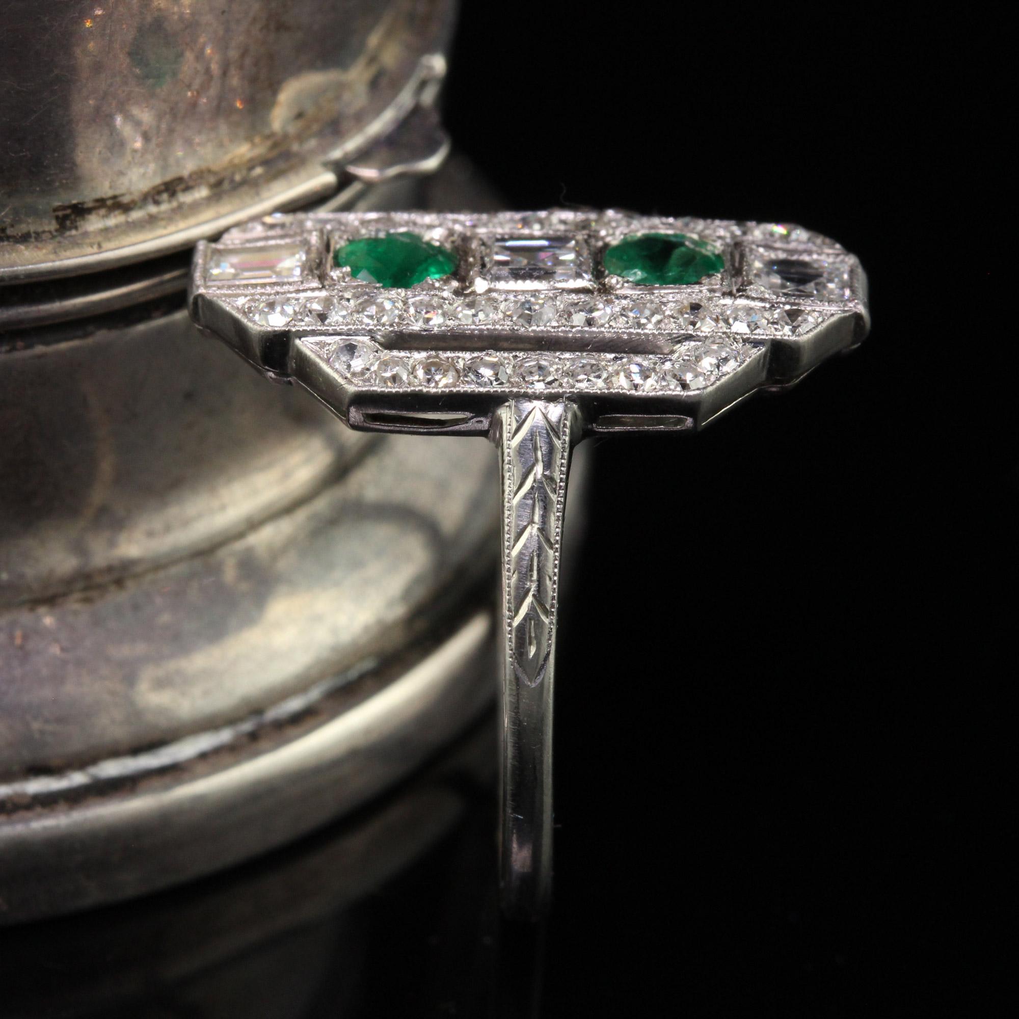 Emerald Cut Antique Art Deco Platinum Carre Cut Diamond and Emerald Shield Ring - Size 6 3/4