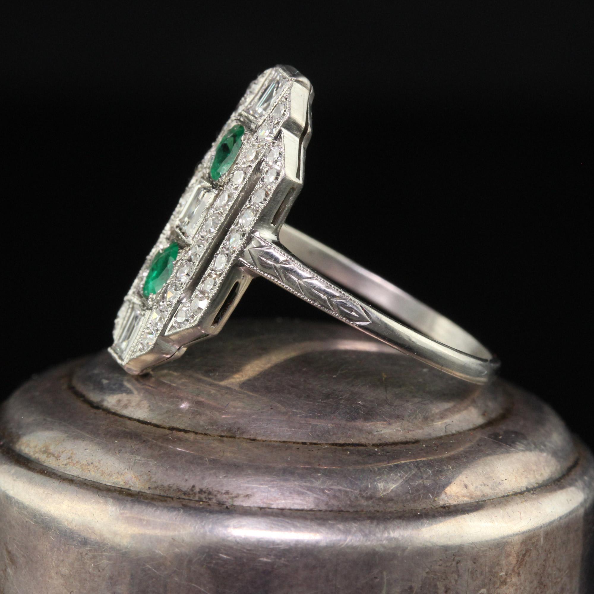 Women's Antique Art Deco Platinum Carre Cut Diamond and Emerald Shield Ring - Size 6 3/4