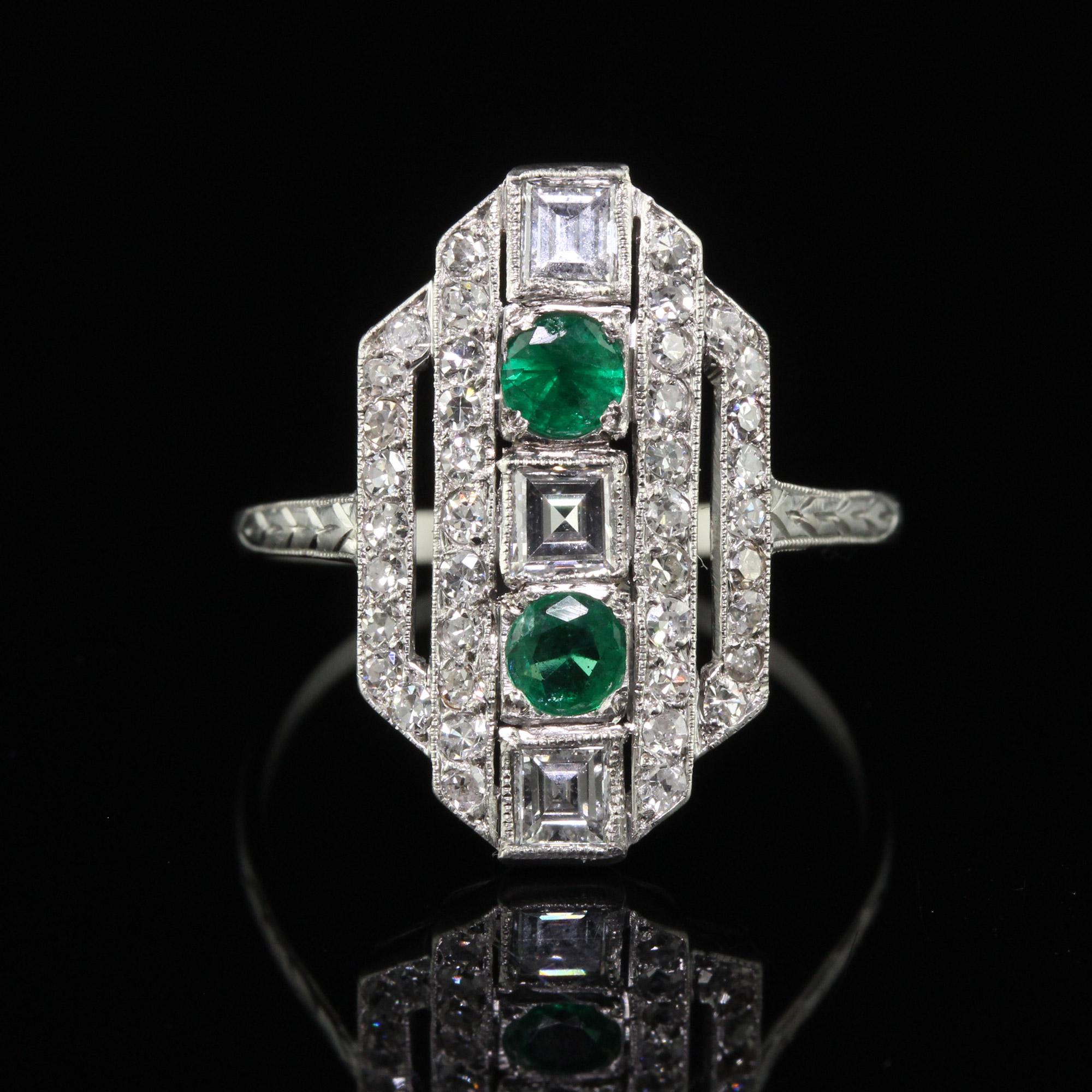 Antique Art Deco Platinum Carre Cut Diamond and Emerald Shield Ring - Size 6 3/4 1