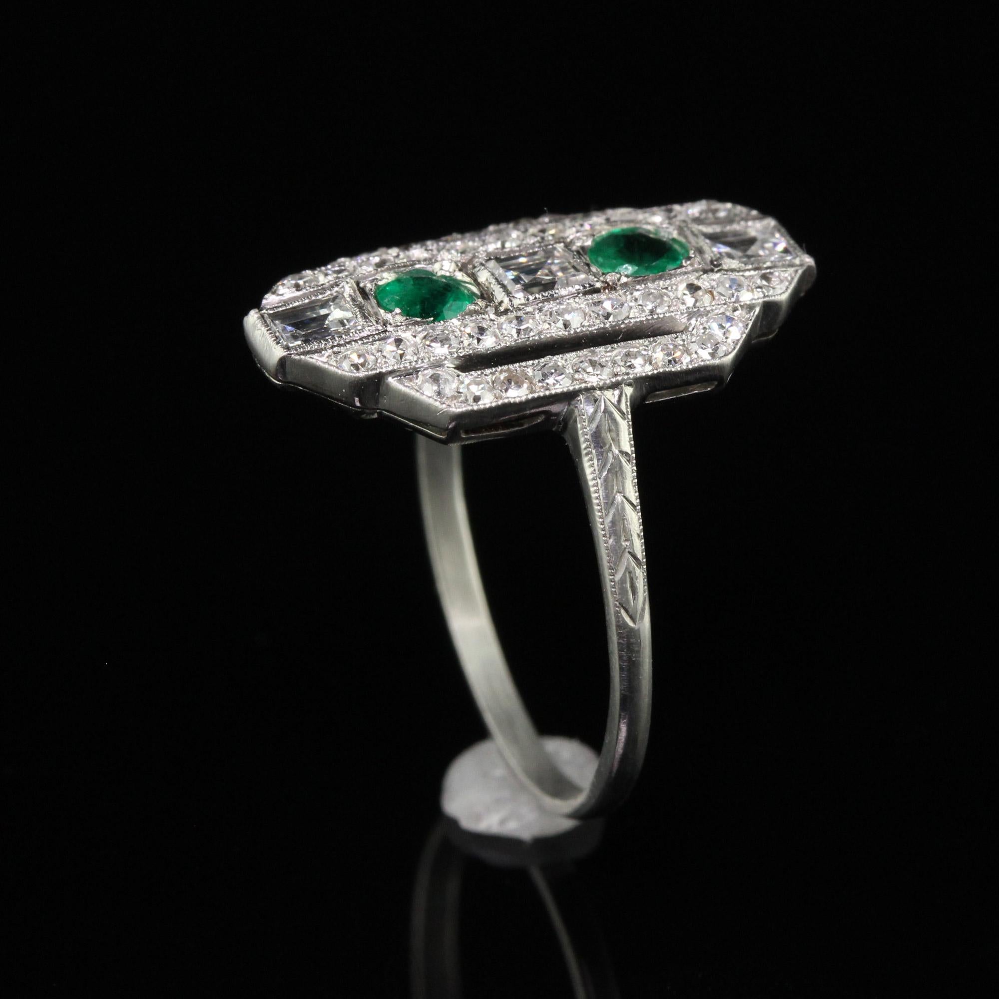 Antique Art Deco Platinum Carre Cut Diamond and Emerald Shield Ring - Size 6 3/4 3