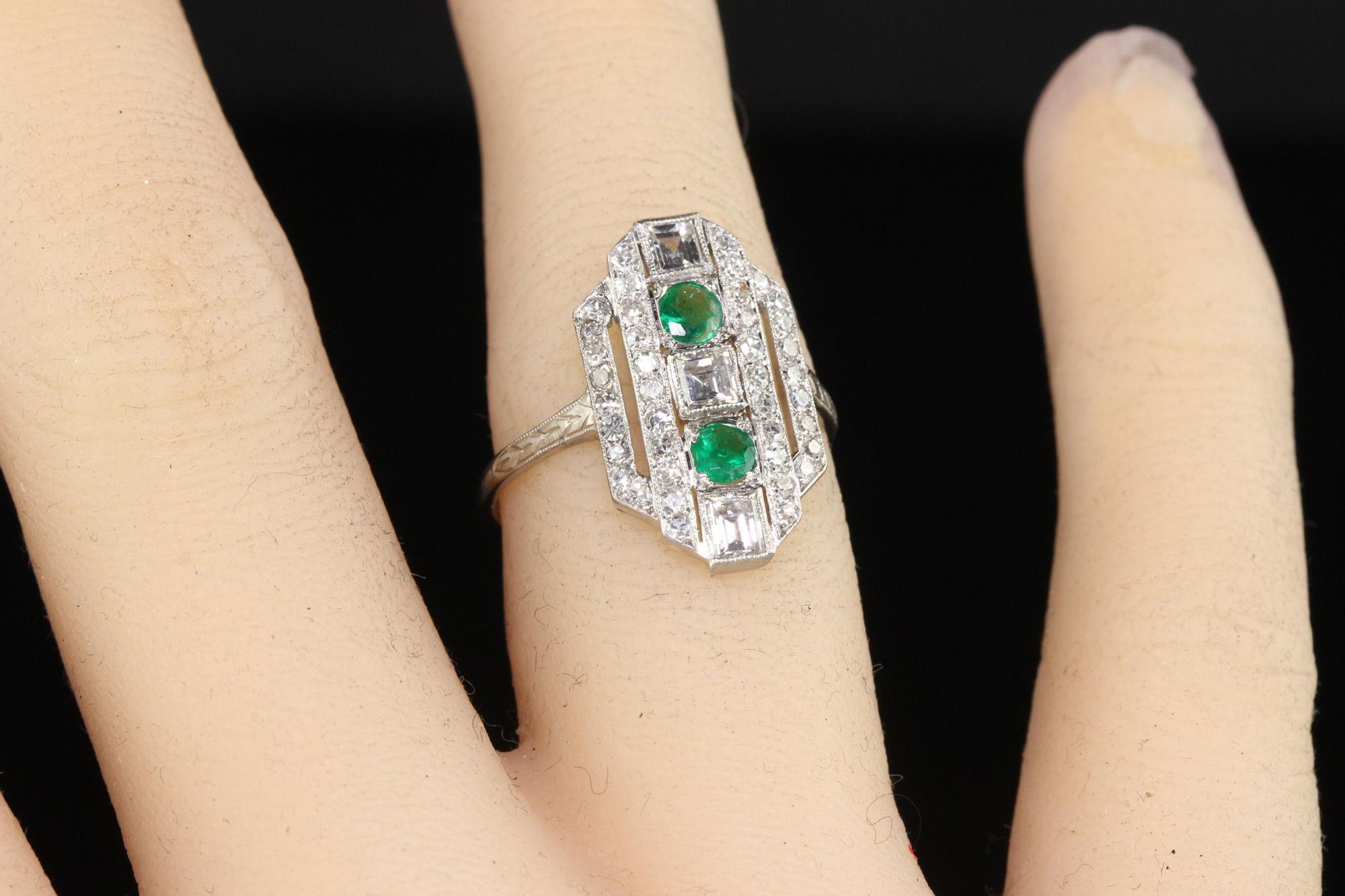Antique Art Deco Platinum Carre Cut Diamond and Emerald Shield Ring - Size 6 3/4 4