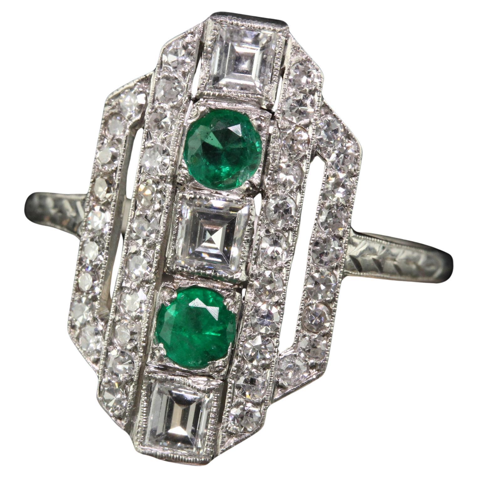 Antique Art Deco Platinum Carre Cut Diamond and Emerald Shield Ring - Size 6 3/4