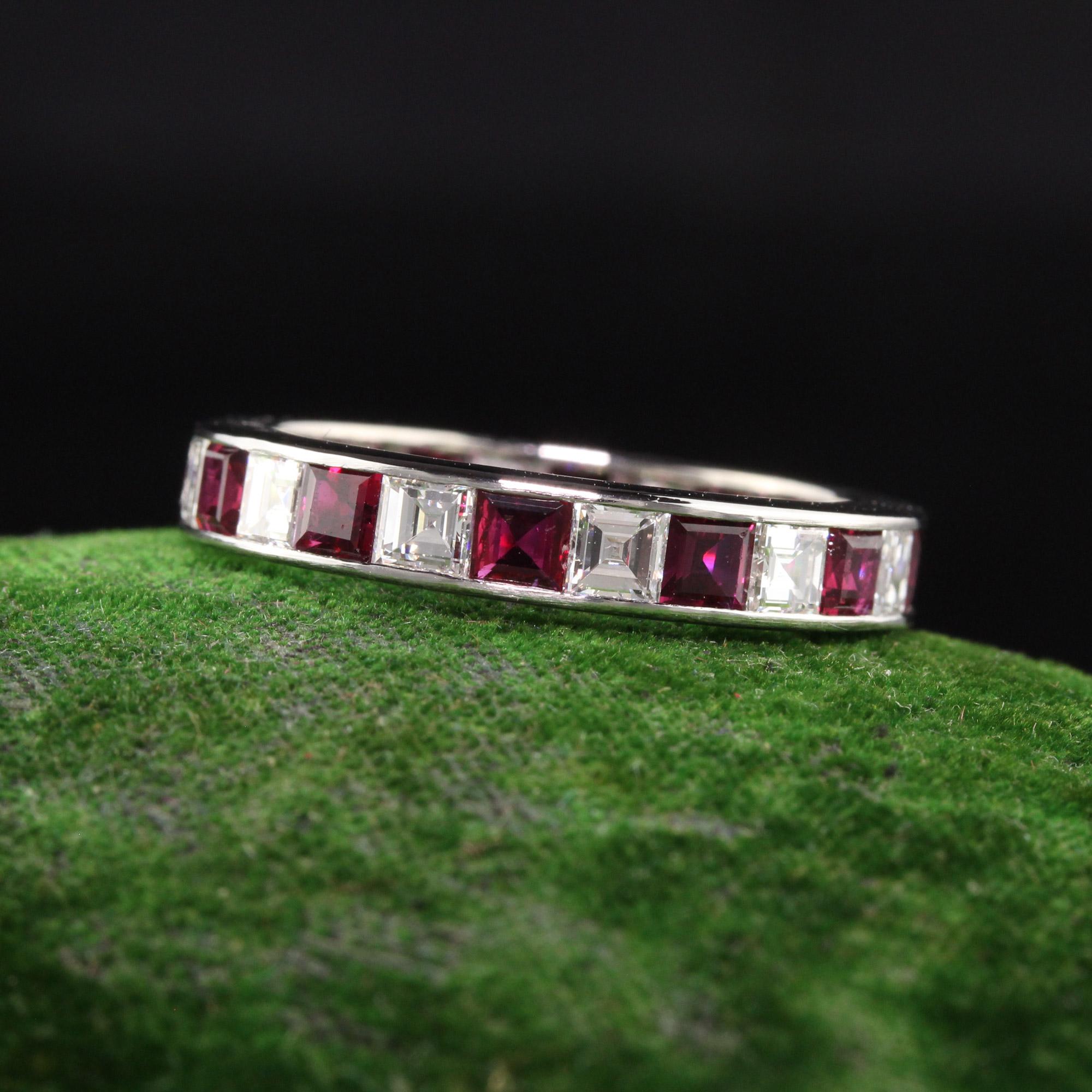 Beautiful Antique Art Deco Platinum Carre Cut Diamond and Ruby Eternity Band. This gorgeous wedding band is crafted in platinum. There are white carre cut diamonds alternating with vivid red rubies going around the entire ring and is in great