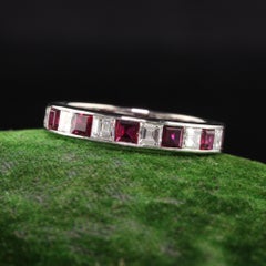 Antique Art Deco Platinum Carre Cut Diamond and Ruby Eternity Band