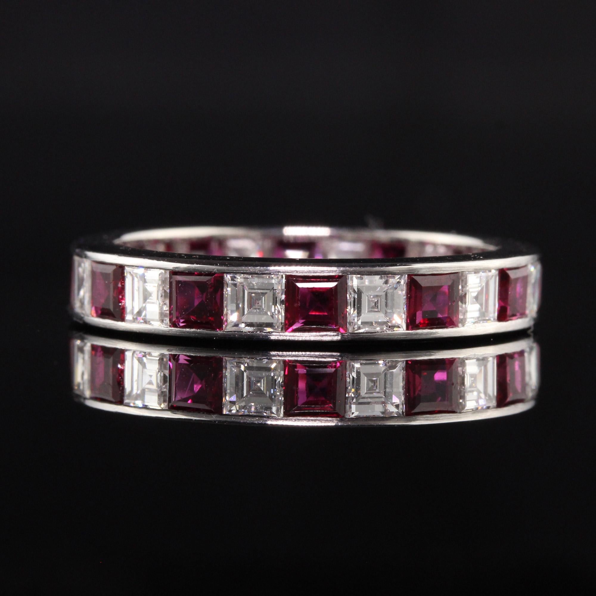 Antique Art Deco Platinum Carre Cut Diamond and Ruby Eternity Band In Good Condition In Great Neck, NY