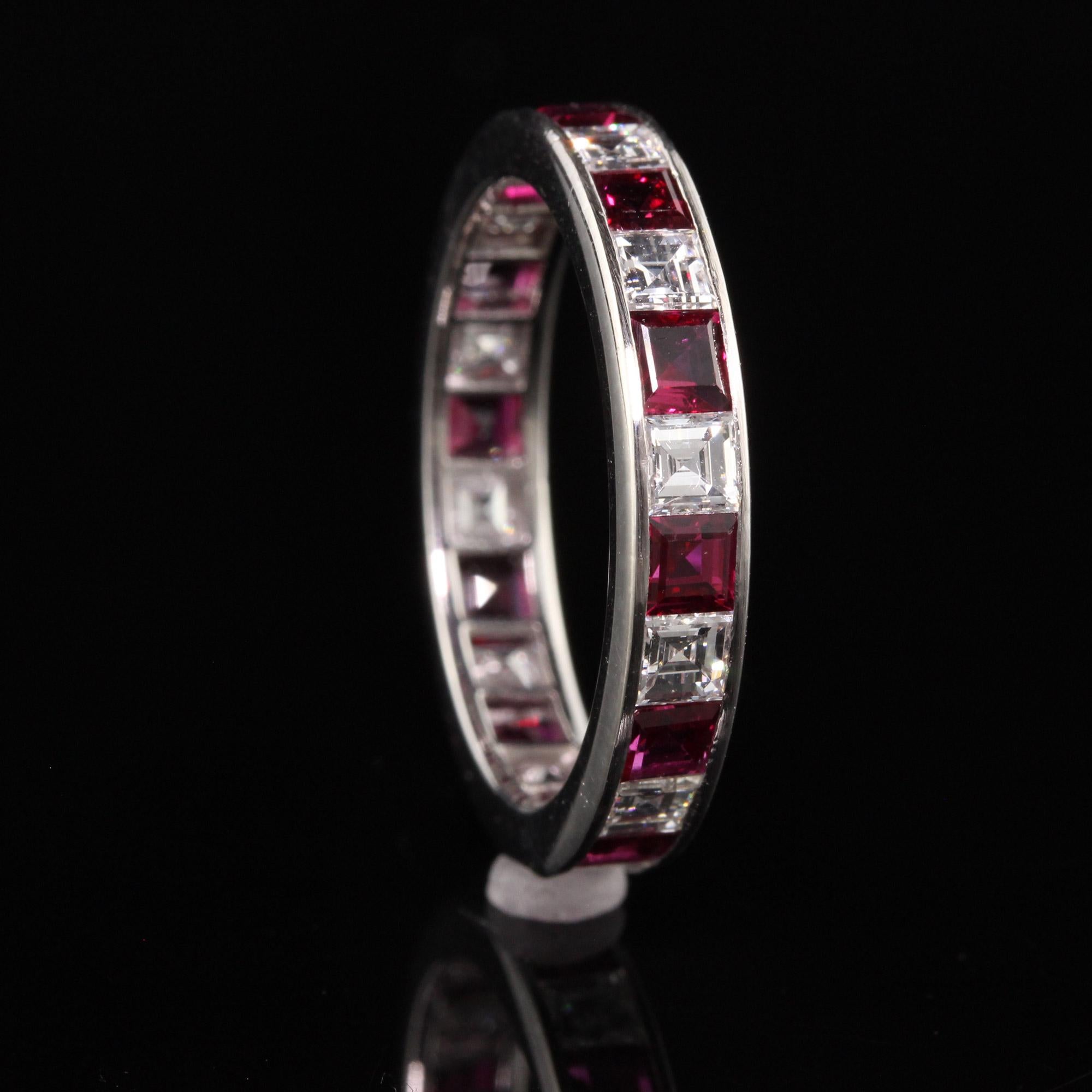 Women's Antique Art Deco Platinum Carre Cut Diamond and Ruby Eternity Band
