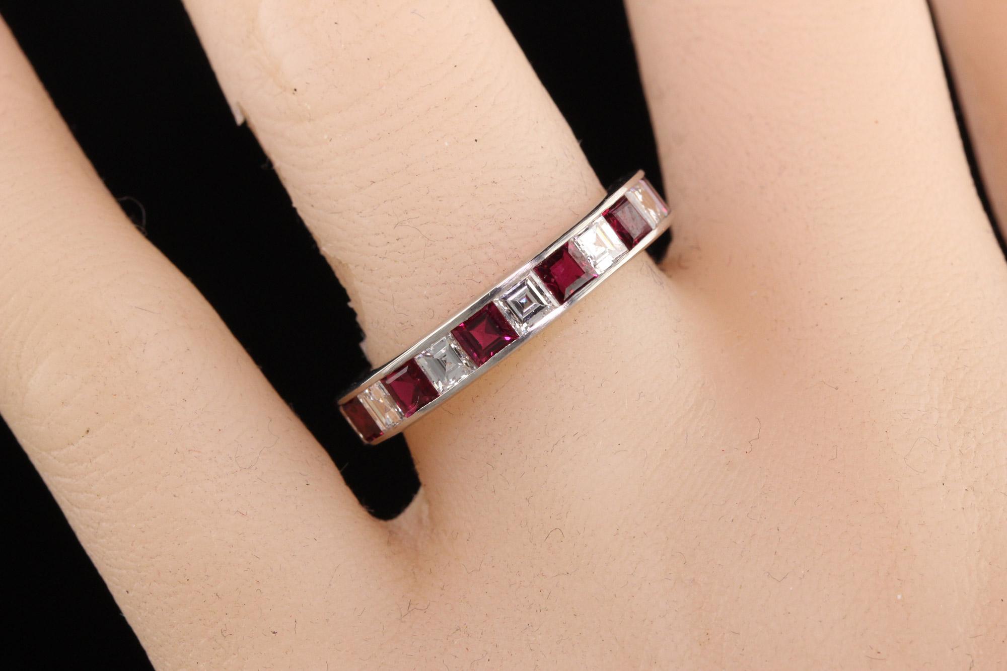 Antique Art Deco Platinum Carre Cut Diamond and Ruby Eternity Band For Sale 1