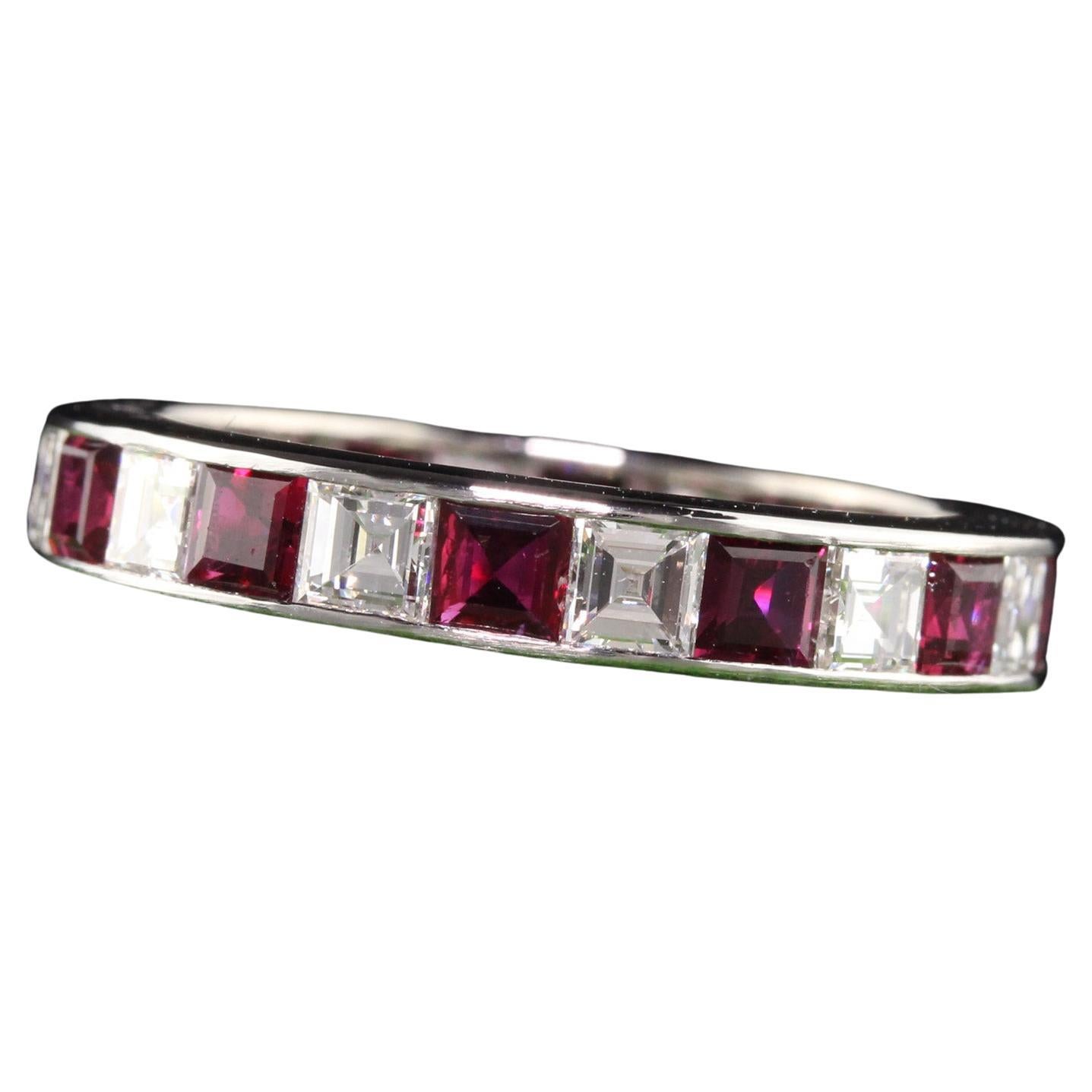 Antique Art Deco Platinum Carre Cut Diamond and Ruby Eternity Band For Sale