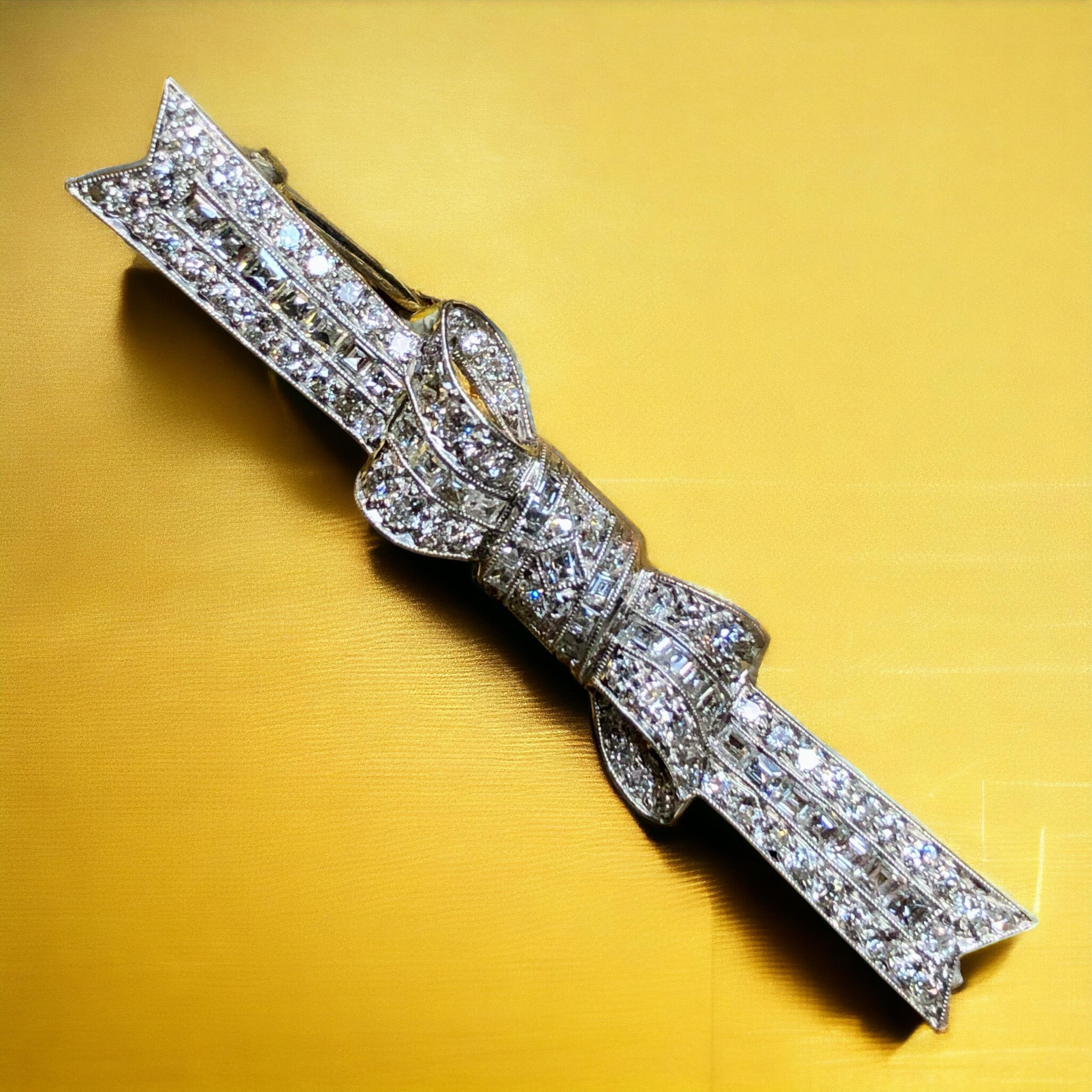 Women's or Men's Antique Art Deco Platinum Carre Mine Cut Diamond Bow Pin Brooch 3ctw G Vs For Sale