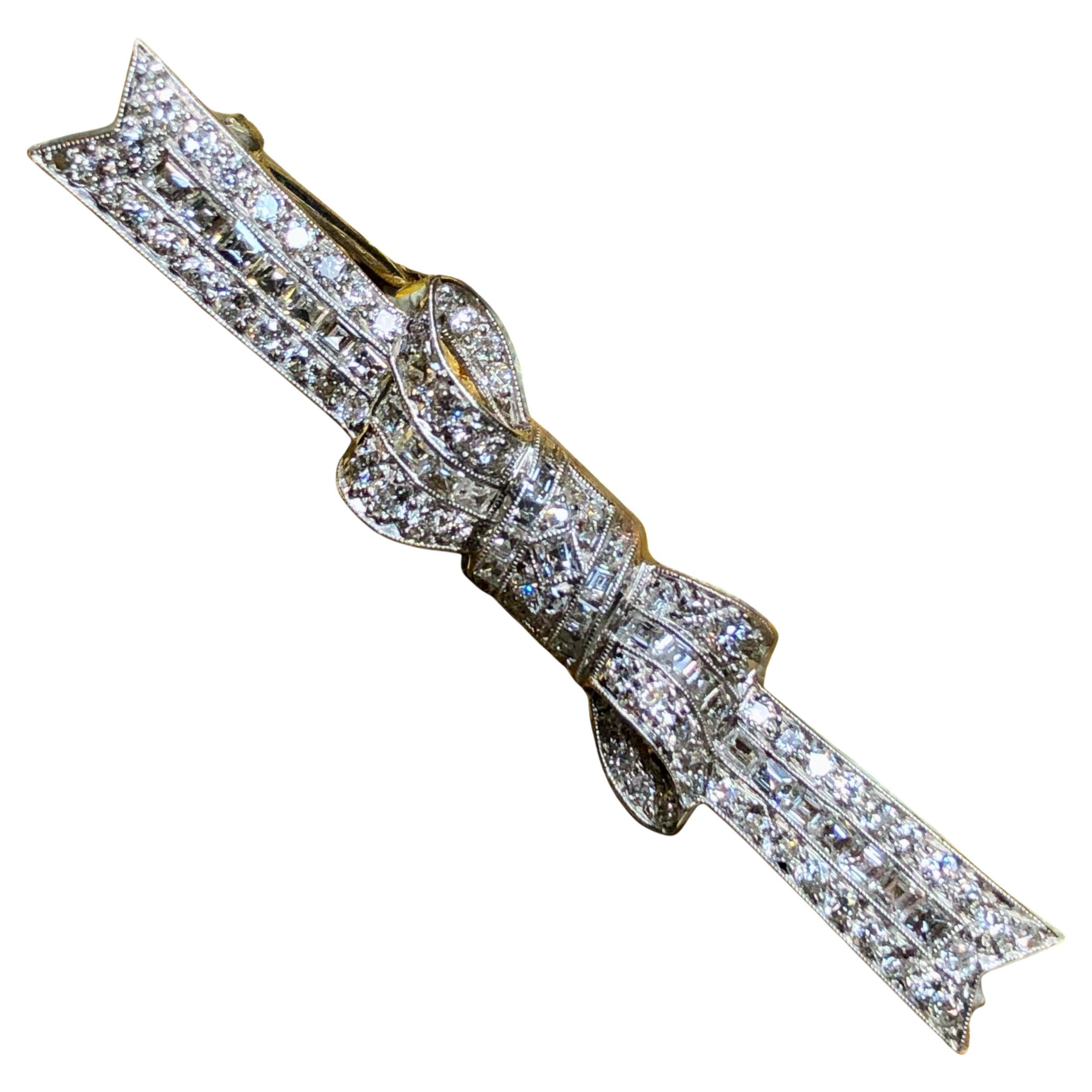 Antique Art Deco Platinum Carre Mine Cut Diamond Bow Pin Brooch 3ctw G Vs For Sale