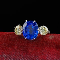 Antique Art Deco Platinum Ceylon No Heat Sapphire Diamond Three Stone Ring - GIA