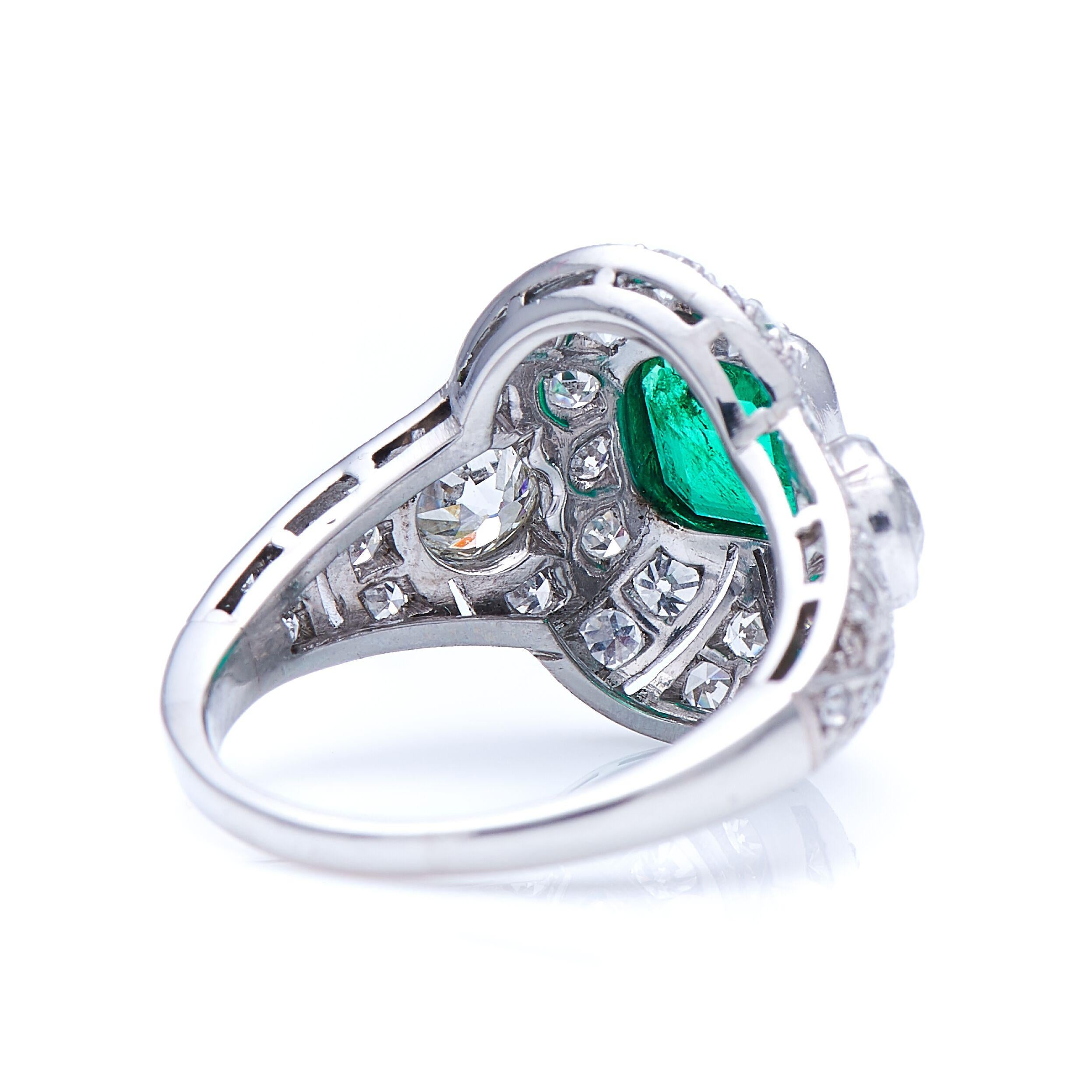Emerald Cut Antique, Art Deco, Platinum, Colombian Emerald and Diamond Cluster Ring