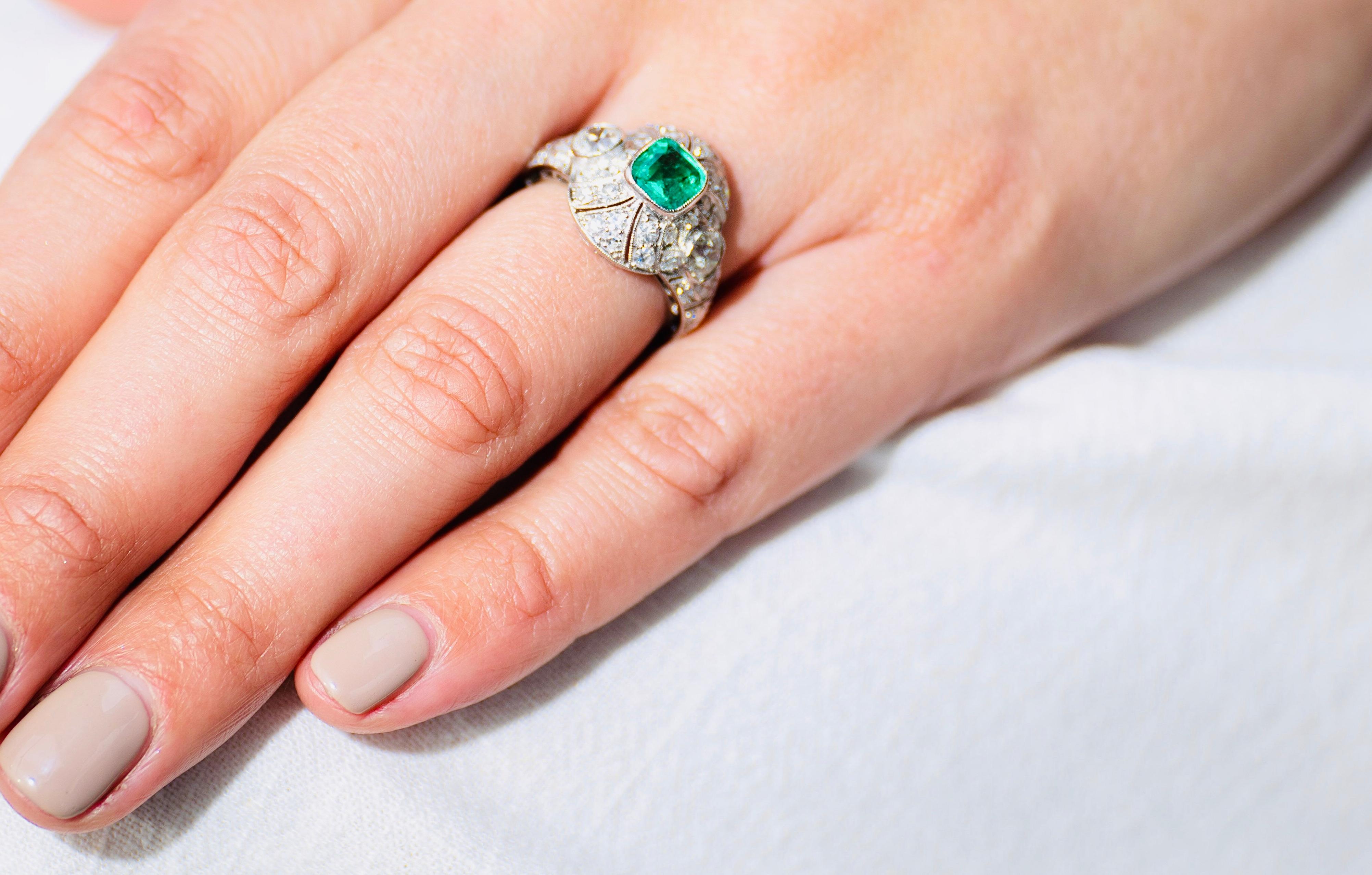 Women's Antique, Art Deco, Platinum, Colombian Emerald and Diamond Cluster Ring