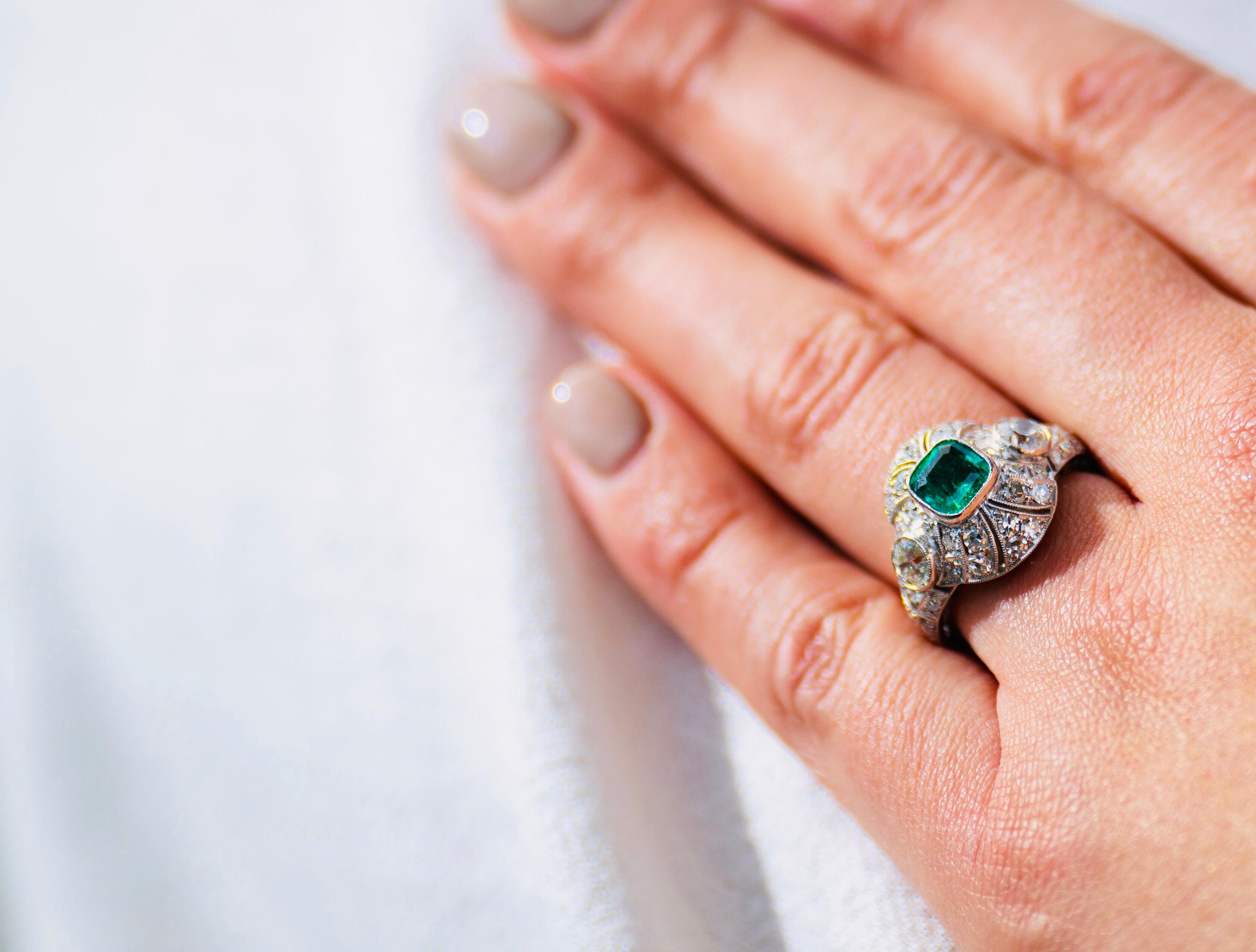 Antique, Art Deco, Platinum, Colombian Emerald and Diamond Cluster Ring 1