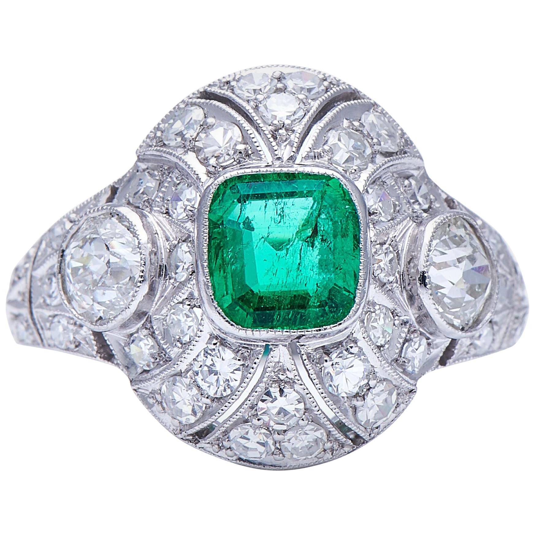 Antique, Art Deco, Platinum, Colombian Emerald and Diamond Cluster Ring