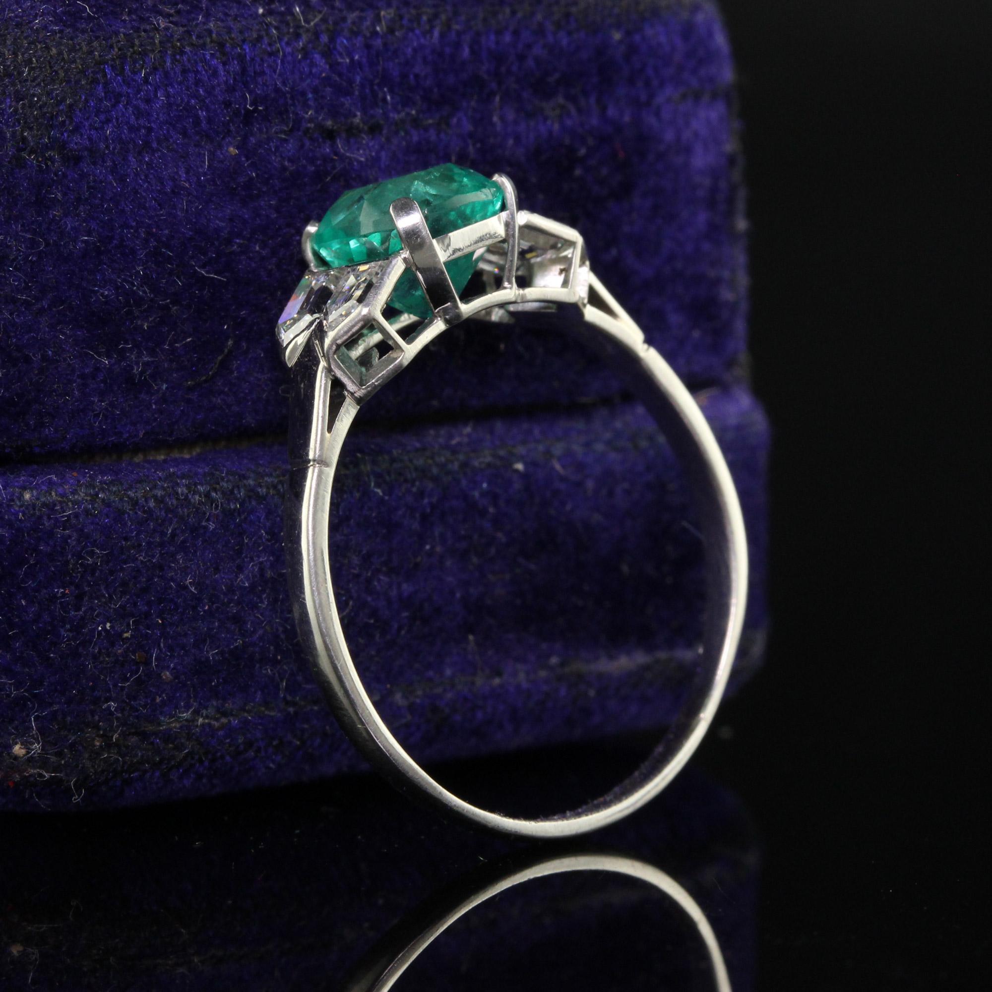 Old European Cut Antique Art Deco Platinum Colombian Emerald and Diamond Engagement Ring For Sale