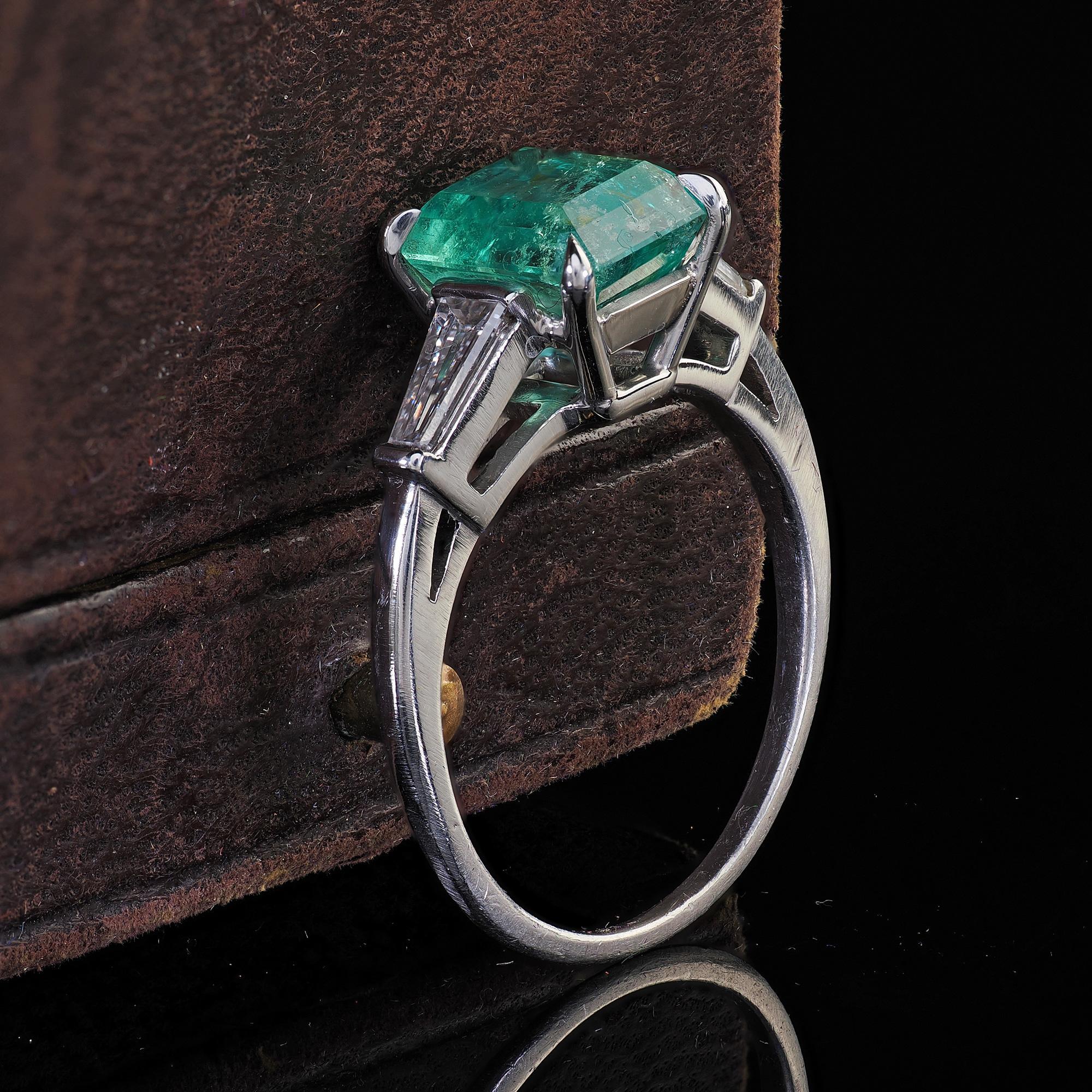 Emerald Cut Antique Art Deco Platinum Colombian Emerald and Diamond Engagement Ring