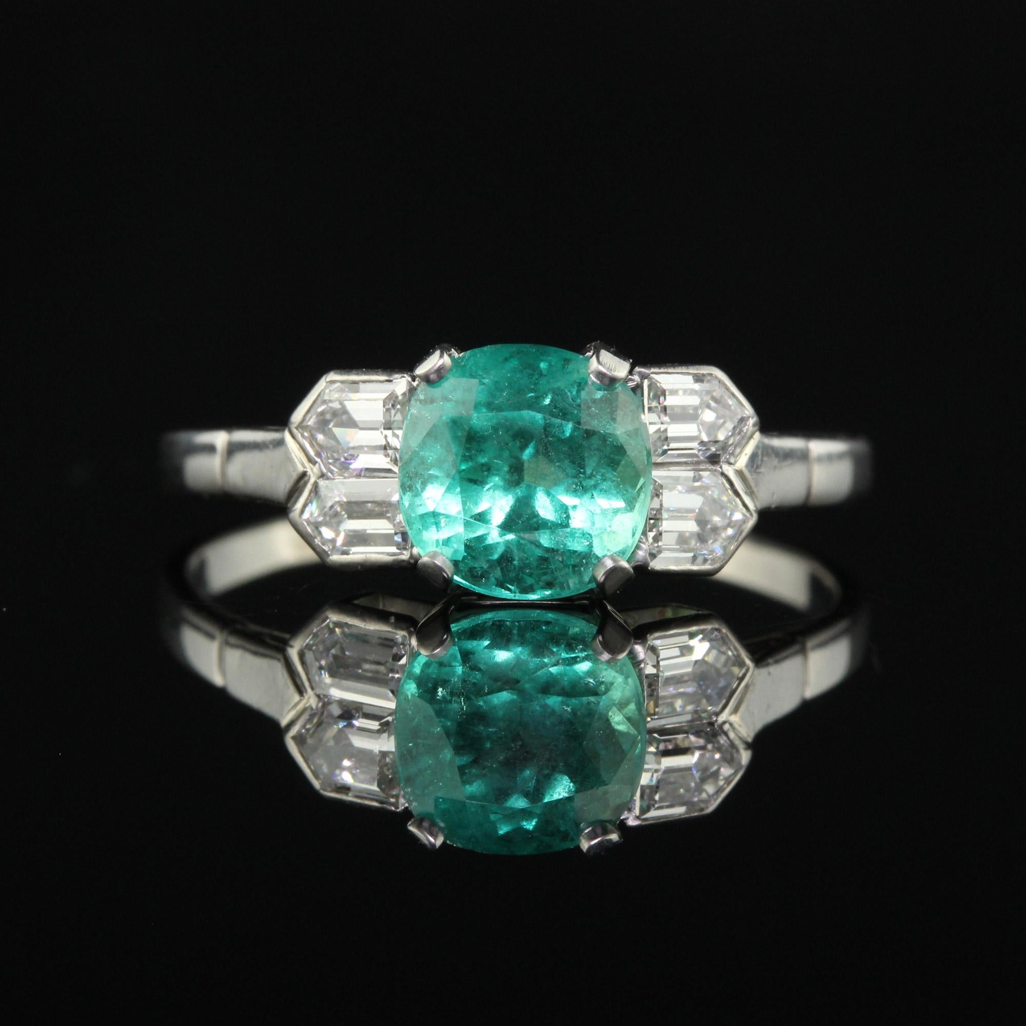 Women's Antique Art Deco Platinum Colombian Emerald and Diamond Engagement Ring For Sale