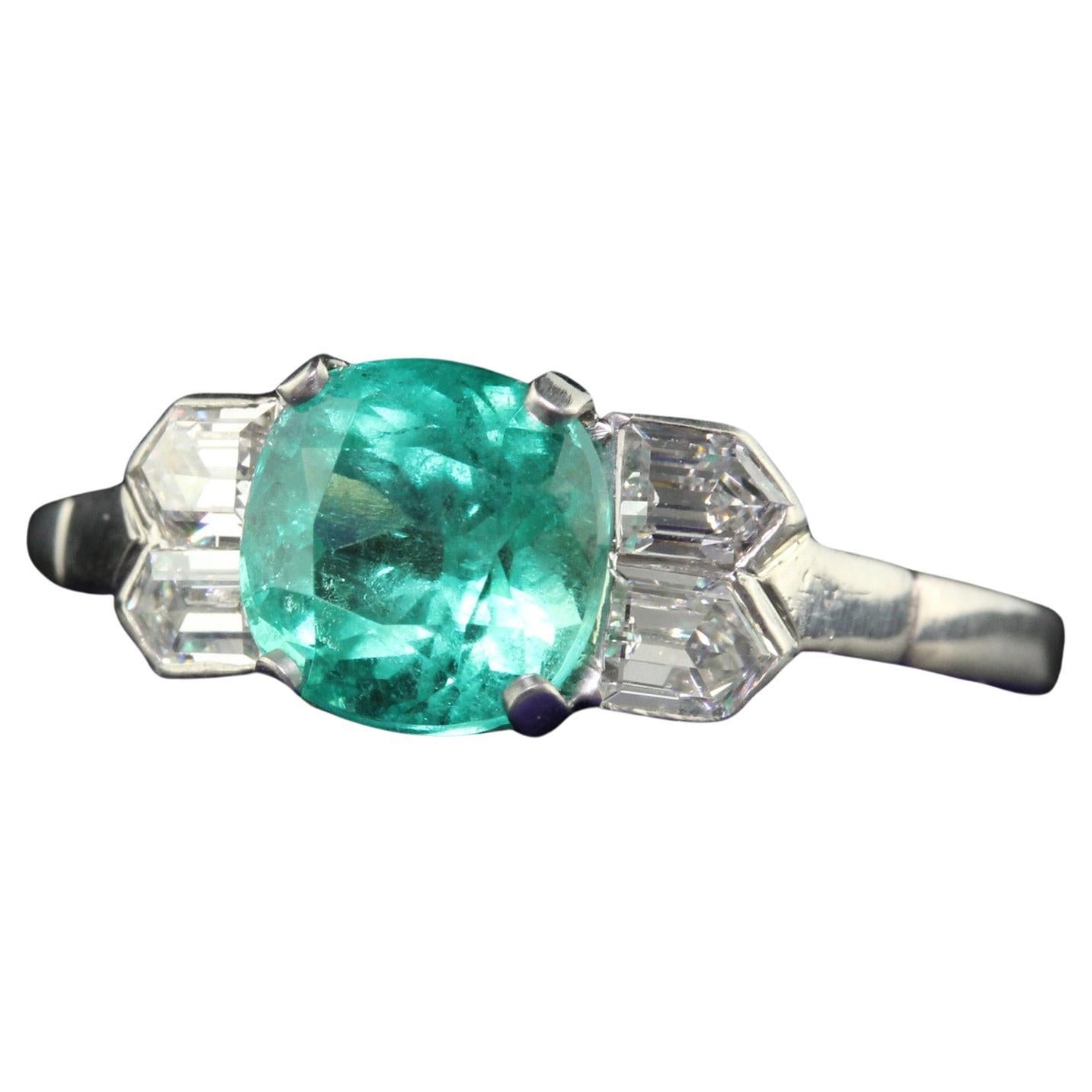 Antique Art Deco Platinum Colombian Emerald and Diamond Engagement Ring For Sale